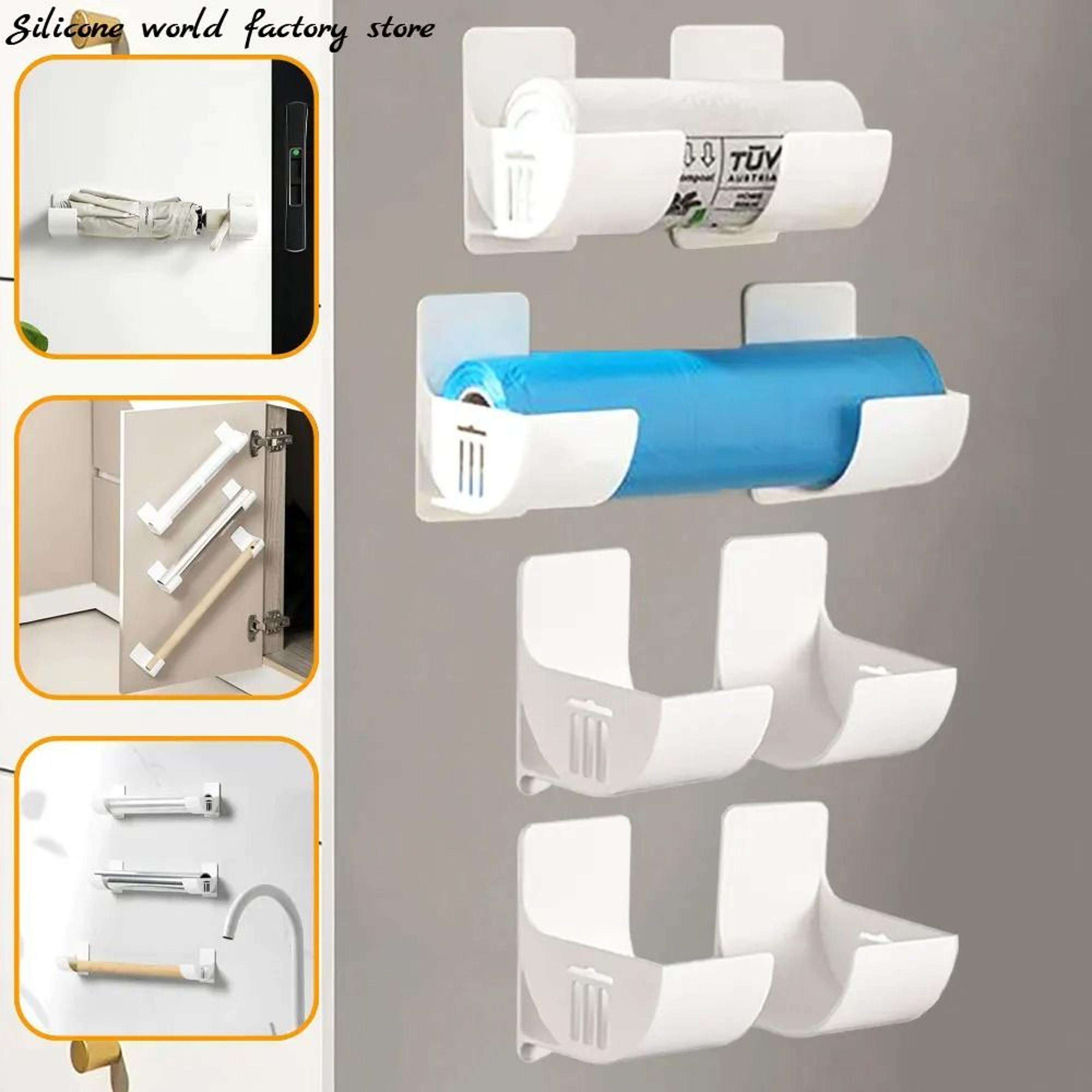 4 piece adhesive kitchen storage rack set for cling film, garbage bags & refrigerator side organization