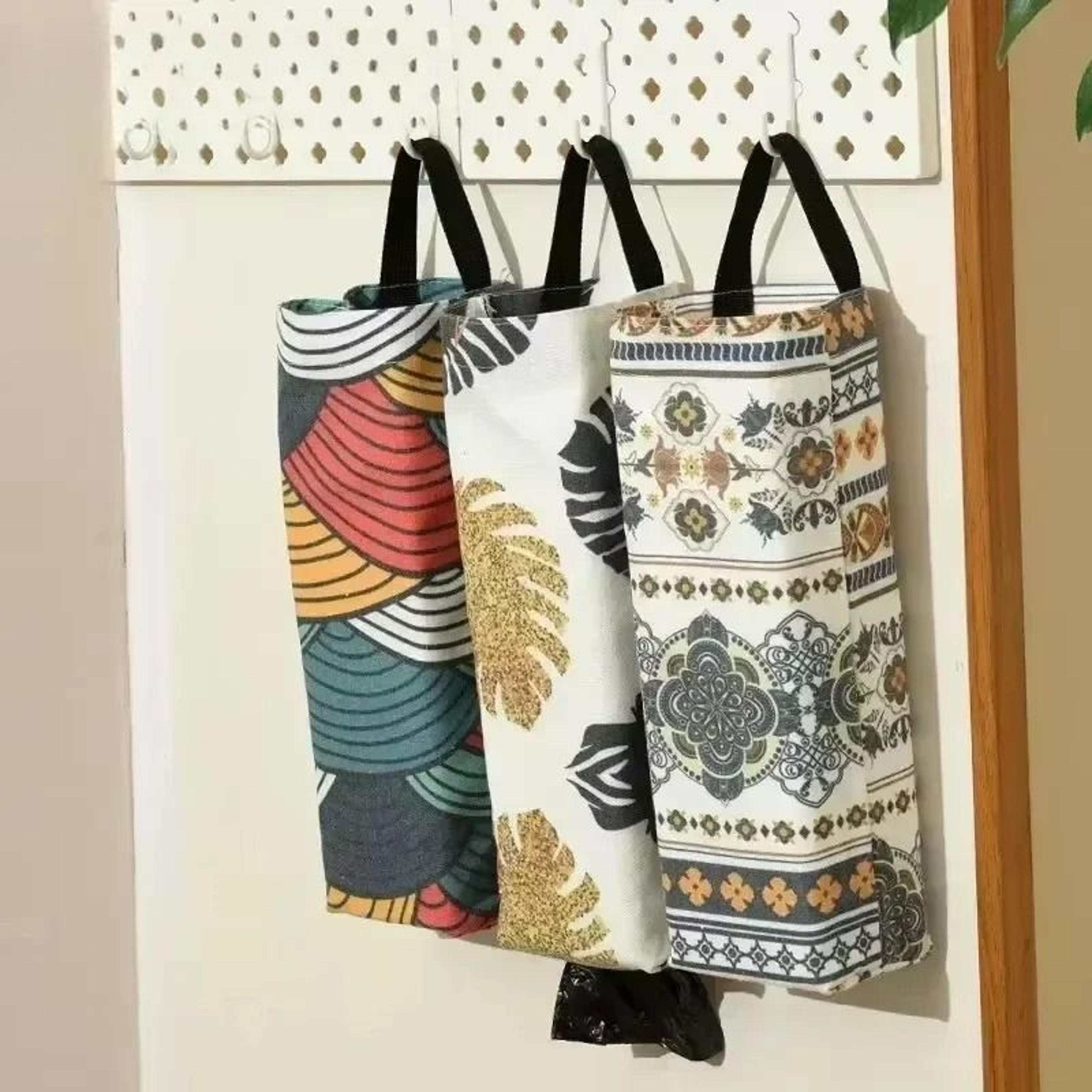 wall mounted plastic bag organizer & dispenser for kitchen, pantry & recycling storage