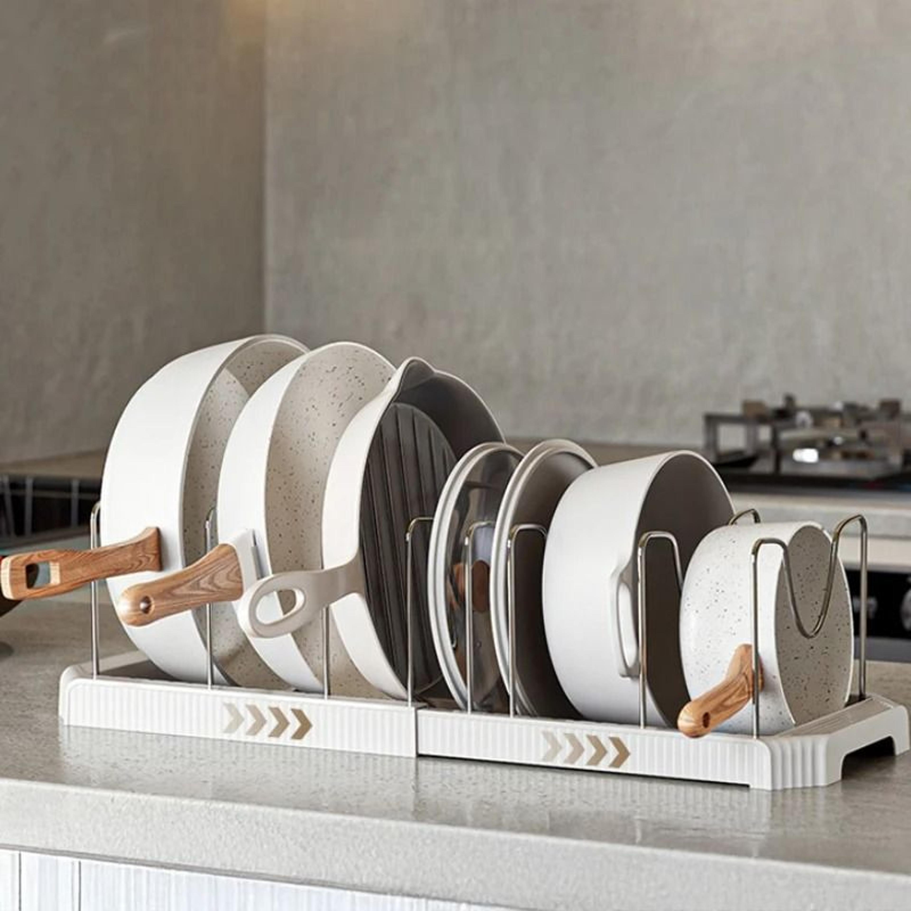expandable kitchen storage rack for bowls, pots & cookware | adjustable kitchen cabinet organizer with drainage design