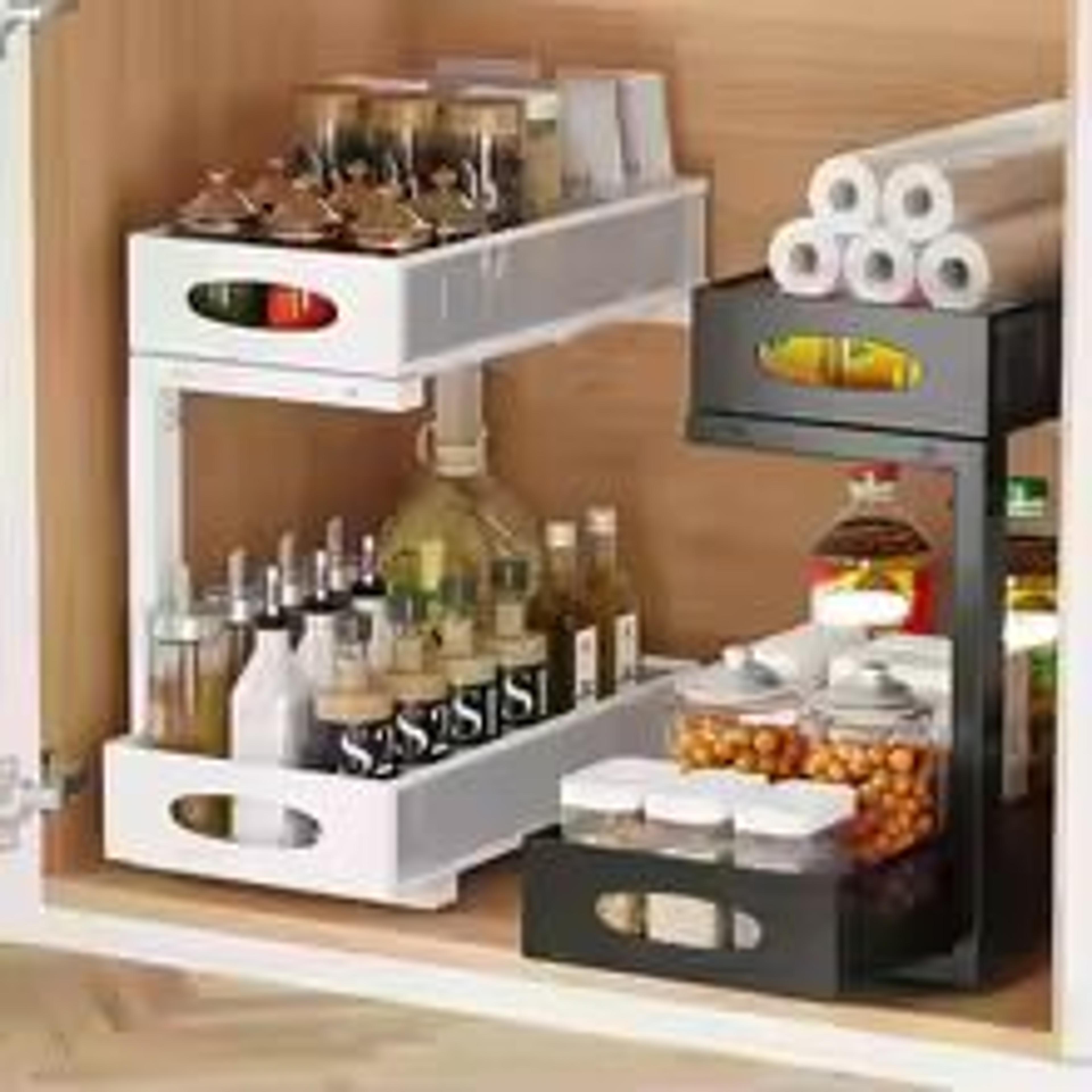 2-tier adjustable under sink organizer with sliding drawer pull-out cabinet storage rack