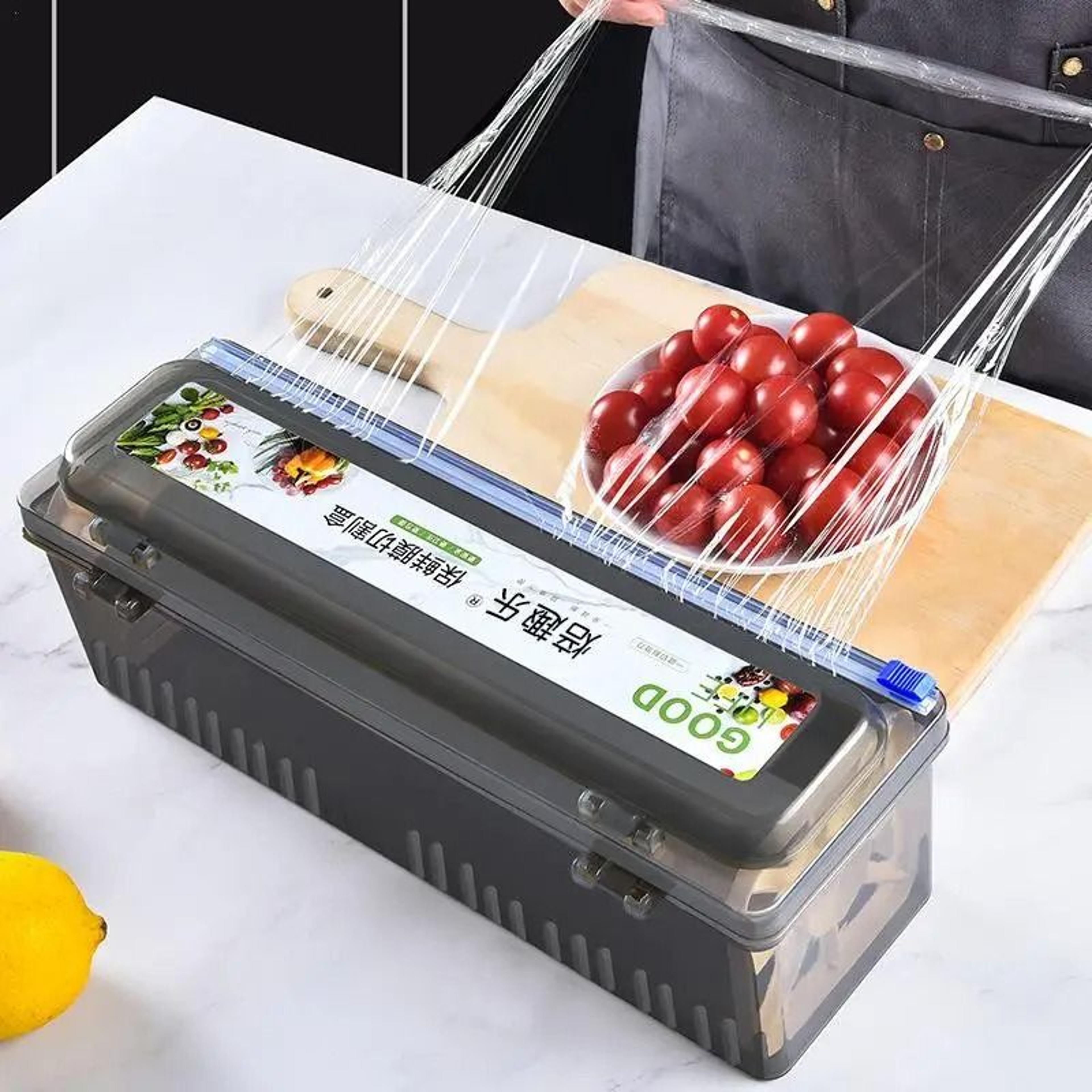 kitchen wrap film cutter dispenser box, plastic wrap and aluminum foil storage organizer with built-in cutter
