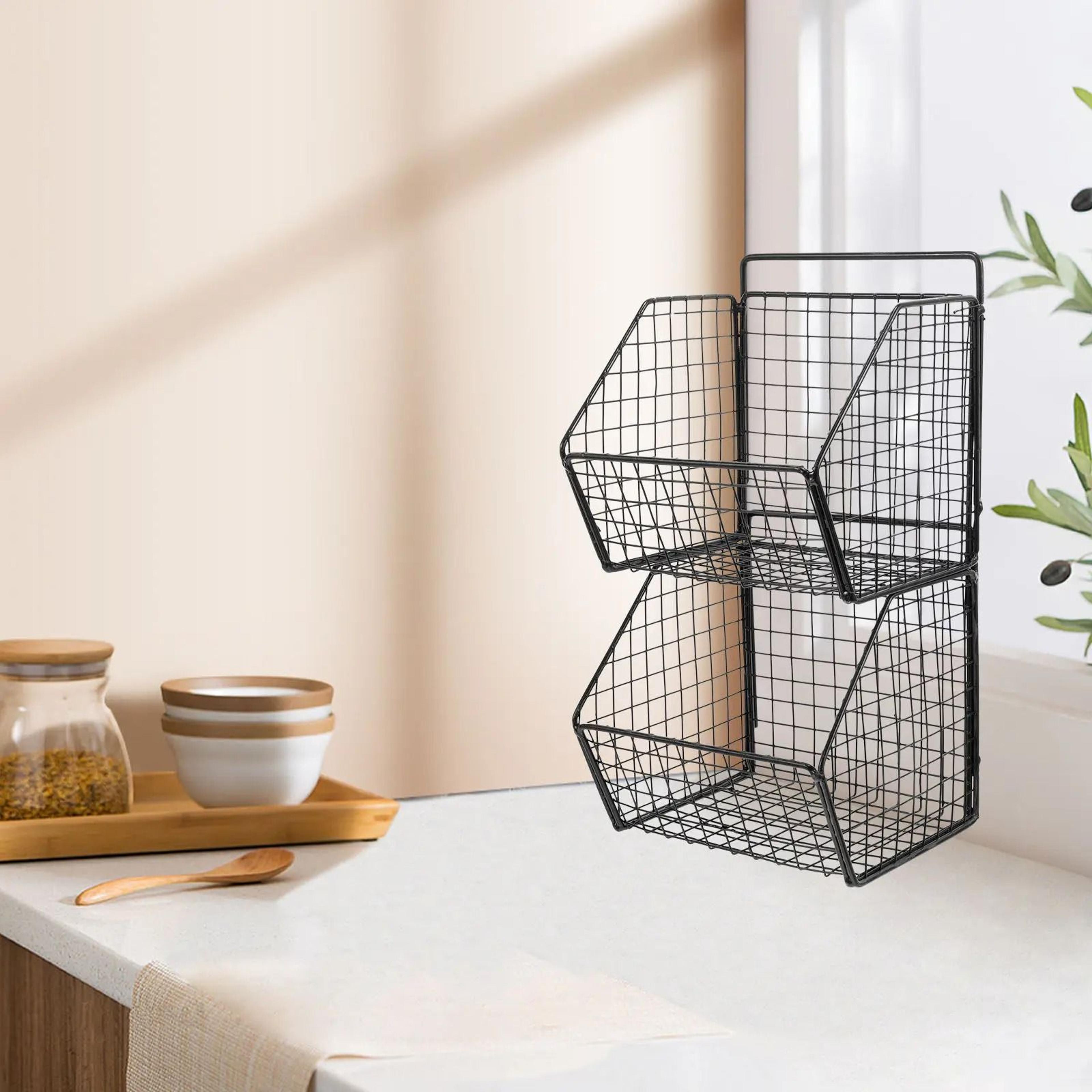 wall mounted double layer vegetable storage rack – carbon steel kitchen organizer basket