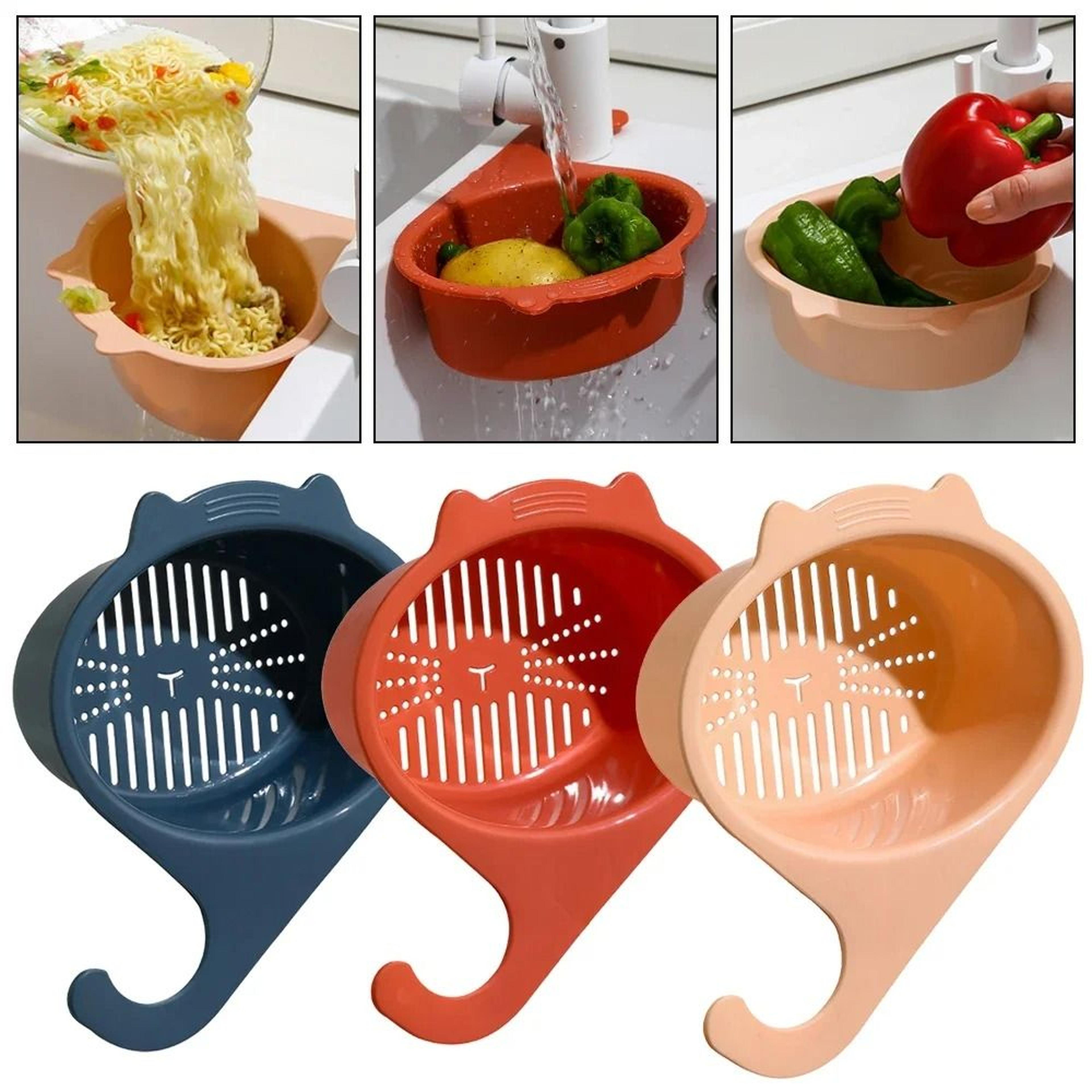 cute cat-shaped sink drain basket with faucet hanging fruit & vegetable rinse organizer