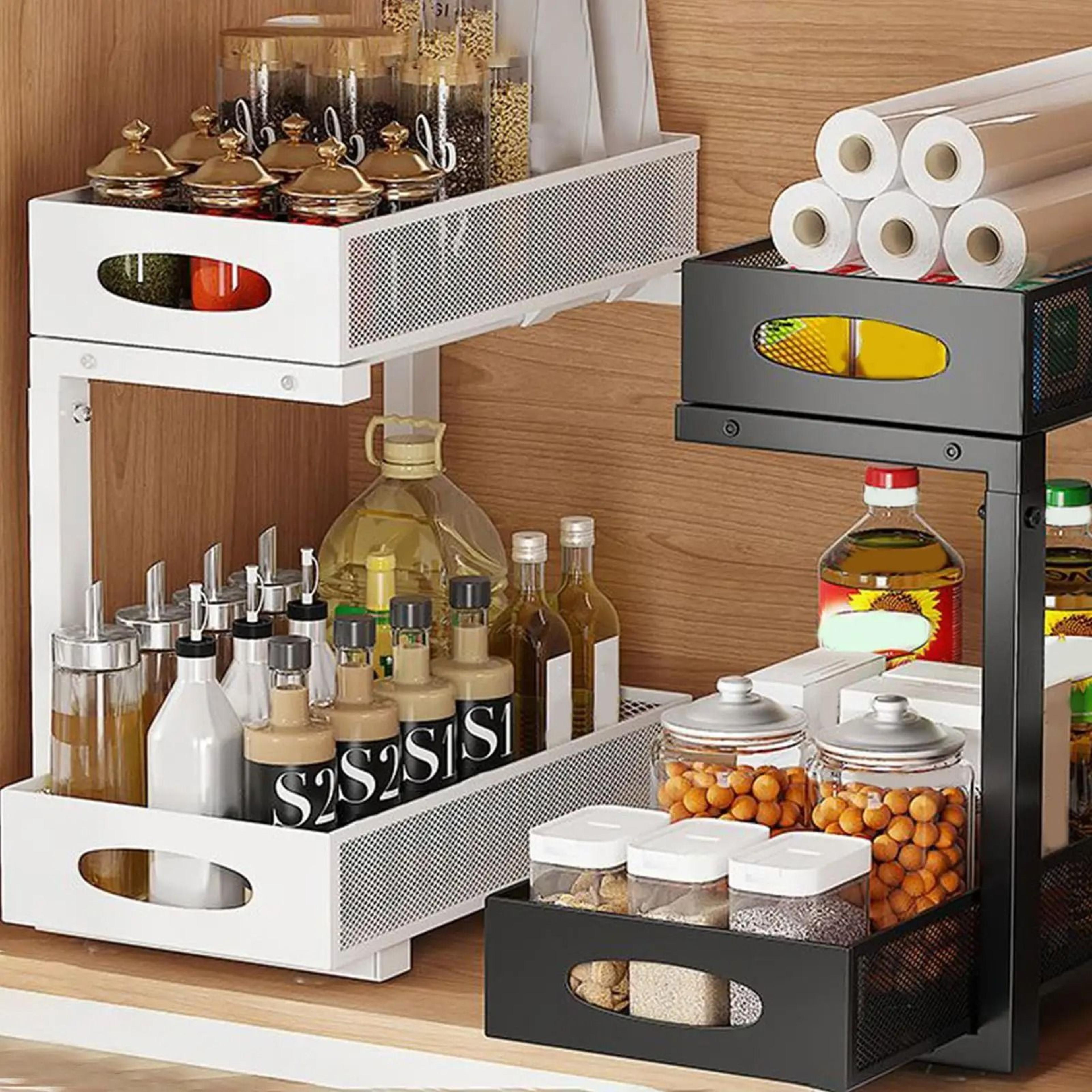 2-tier adjustable under sink organizer with sliding drawer pull-out cabinet storage rack