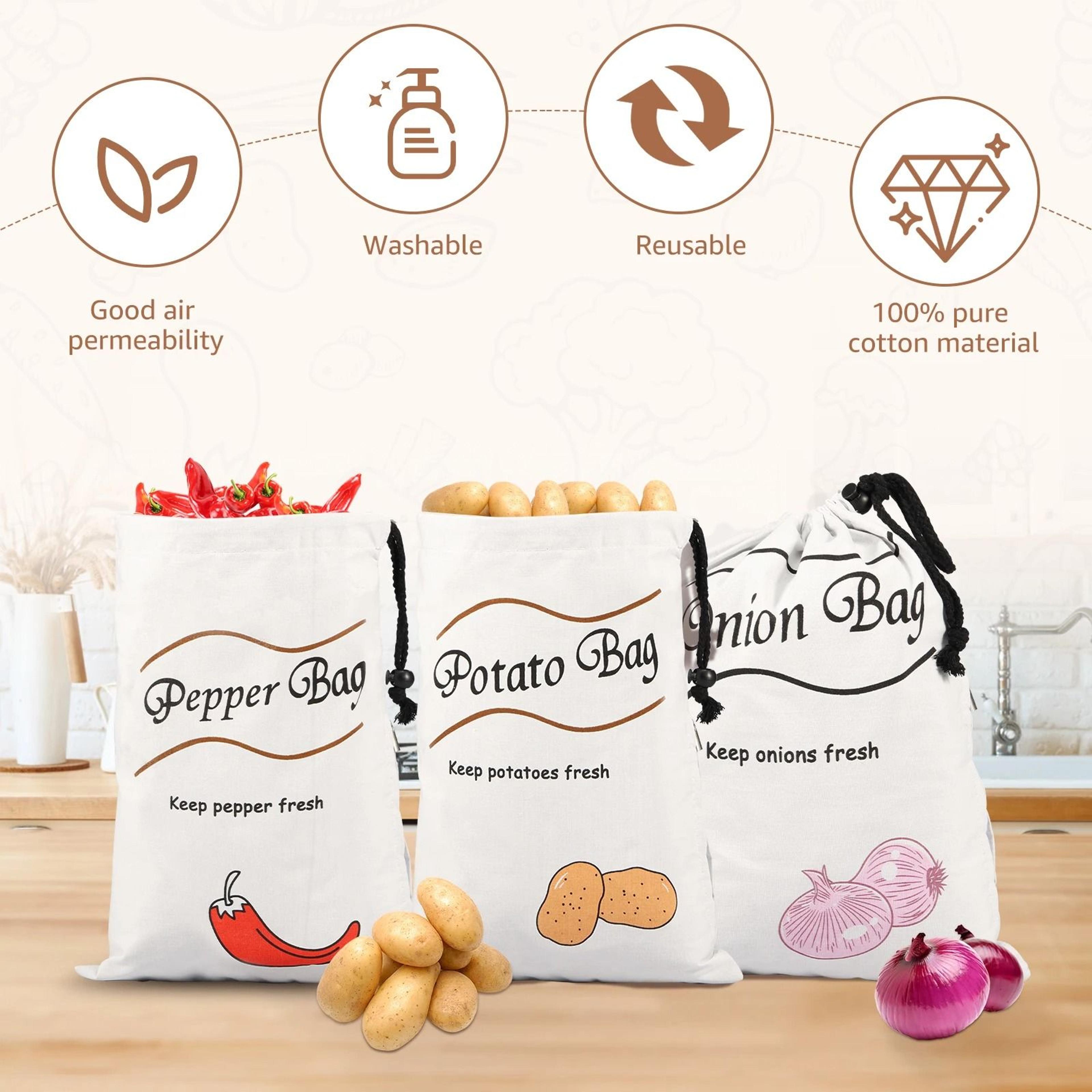 2, 3 or 5 piece potato storage bags, reusable vegetable storage bags with dual drawstring for onions, peppers and garlic