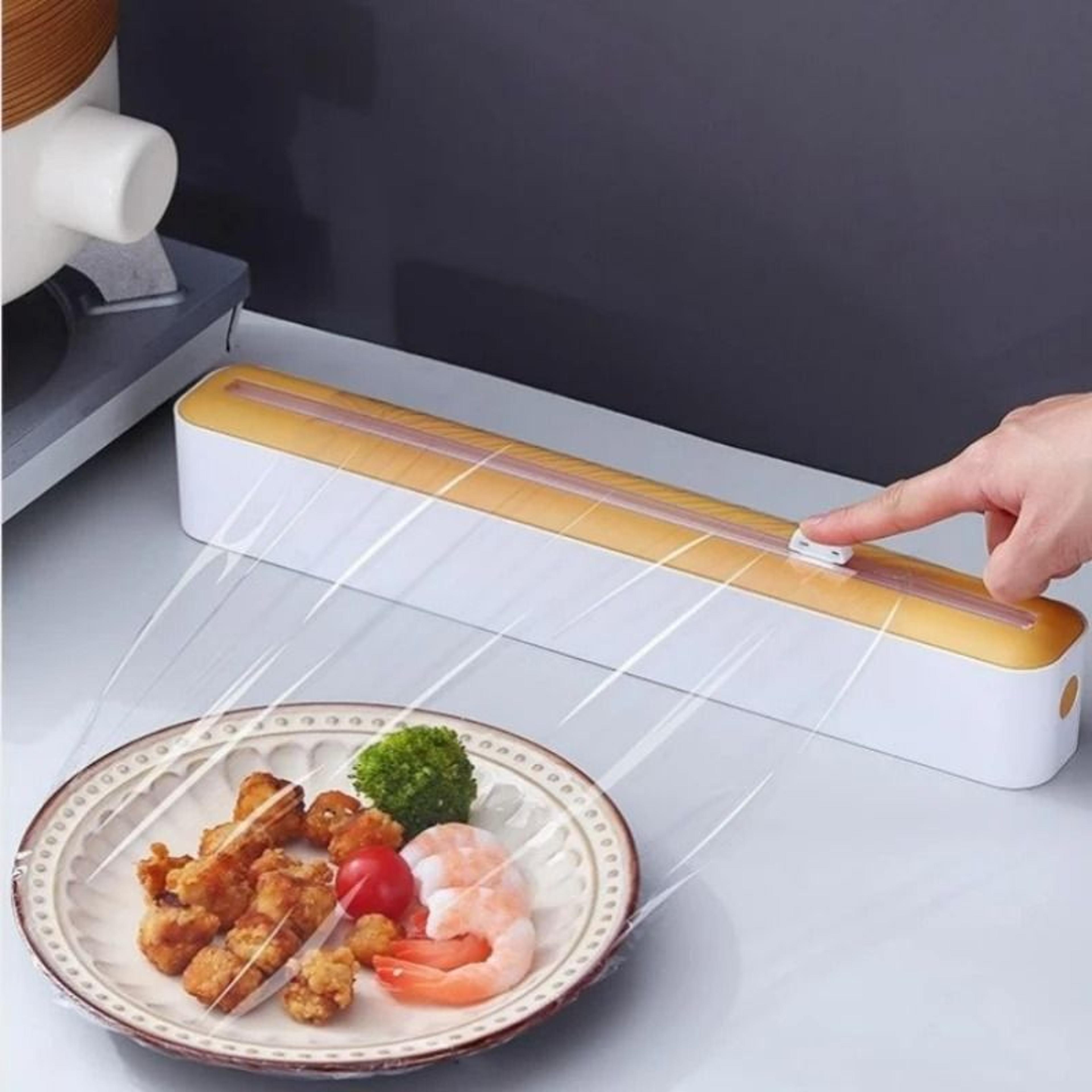 reusable plastic wrap and aluminum foil dispenser with built-in sliding cutter