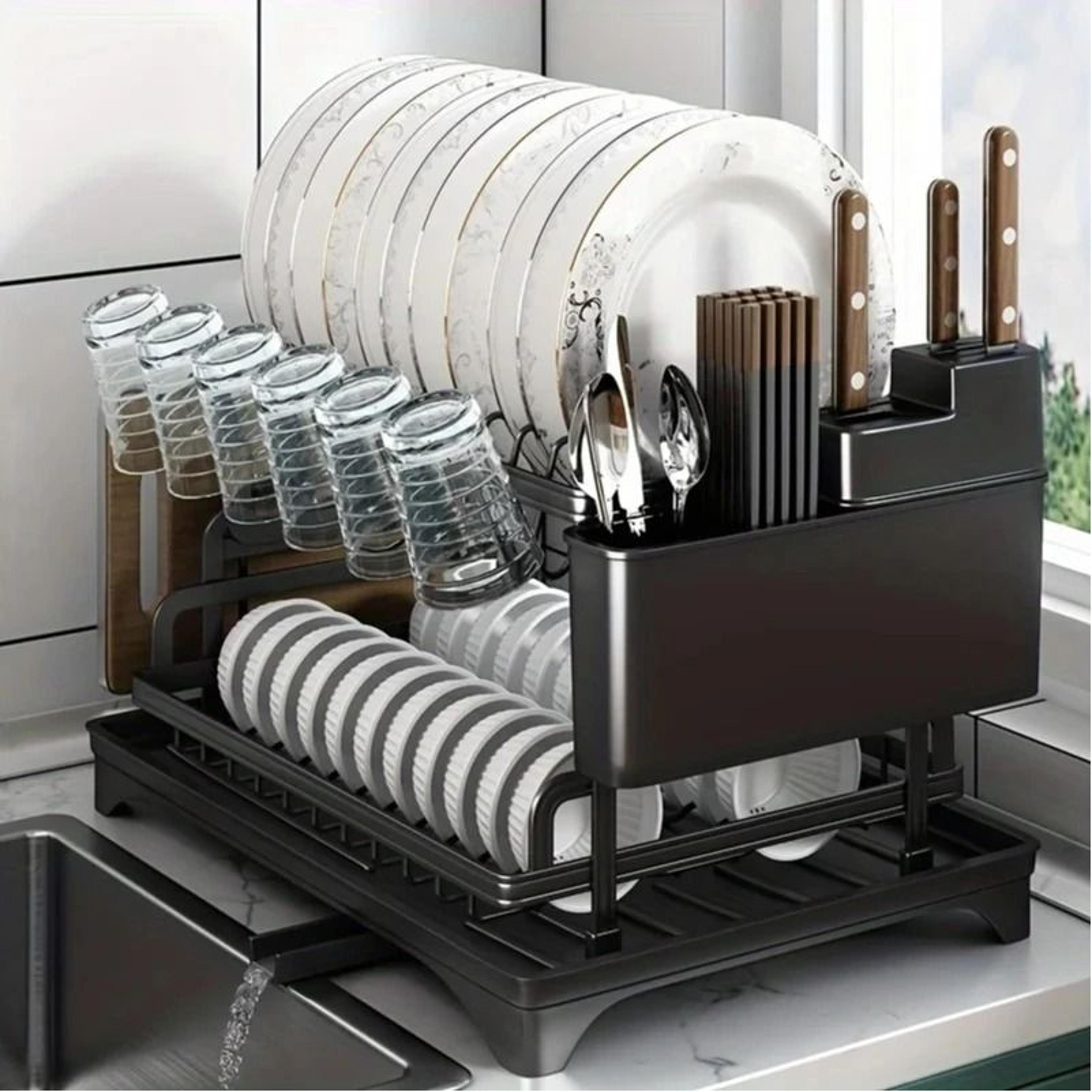 2 tier stainless steel dish drying rack with drainboard and utensil holder