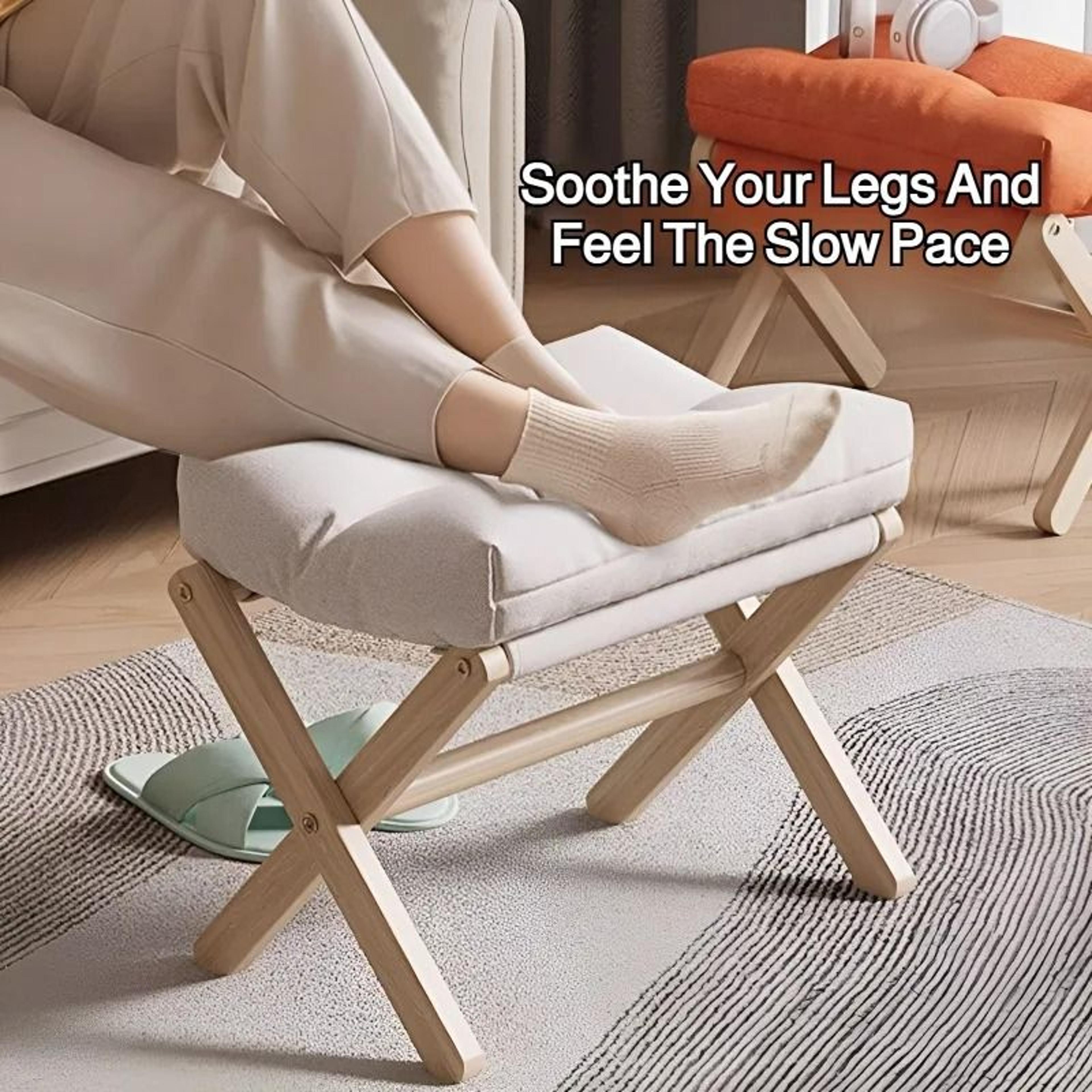 folding wooden shoe bench with cushioned seat and footstool