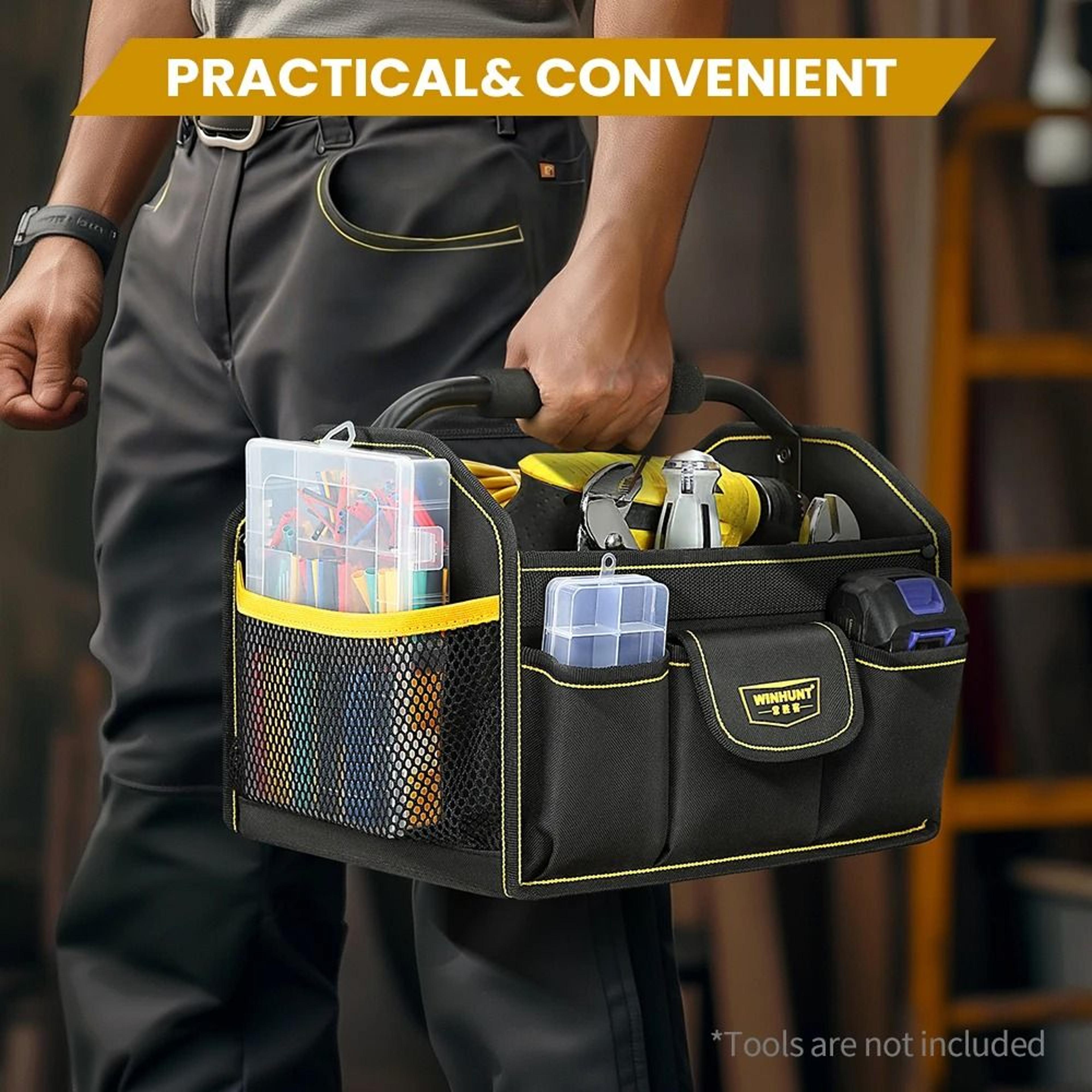 10 pocket wide mouth tool tote bag with steel handle