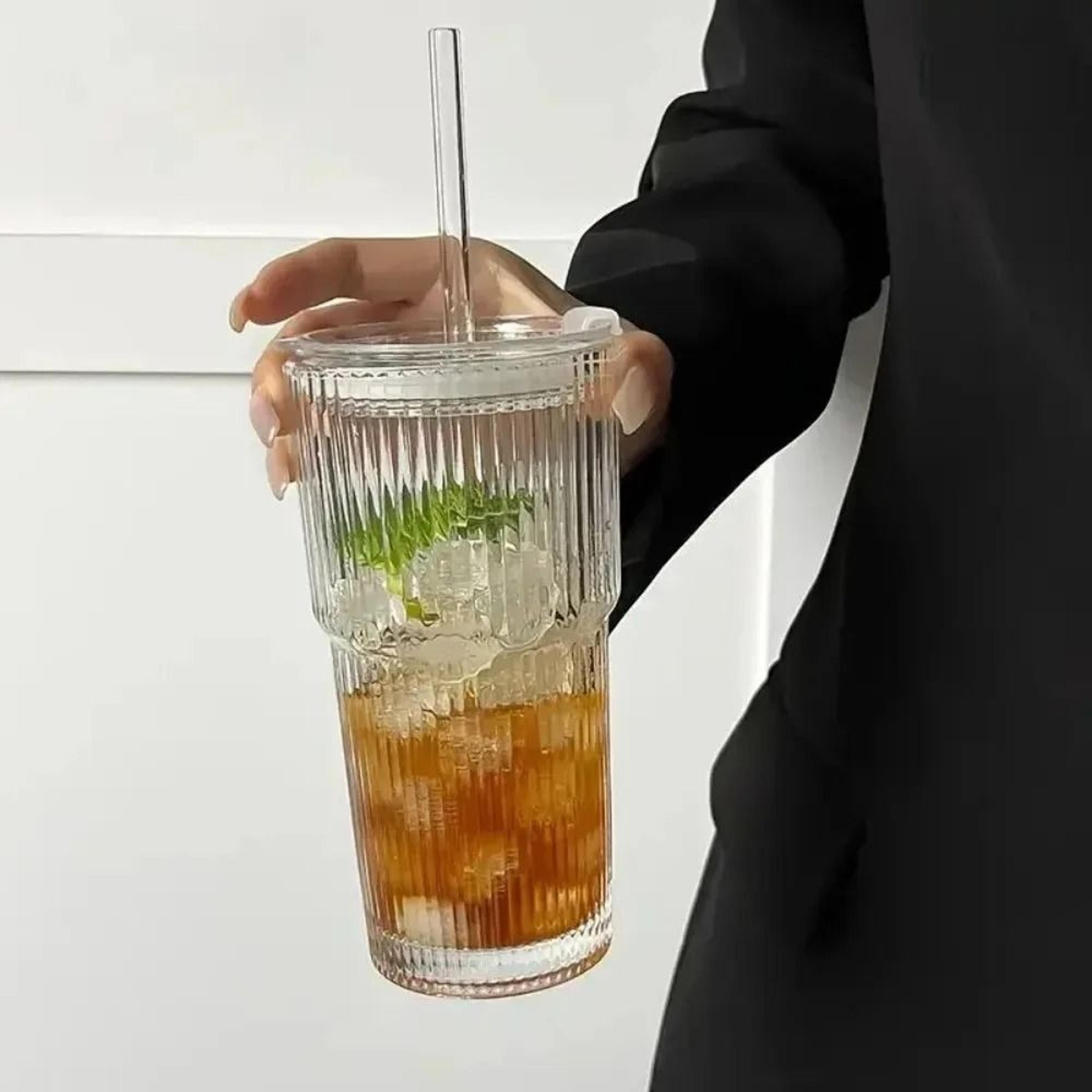 striped glass coffee cup with lid straw iced drink mug