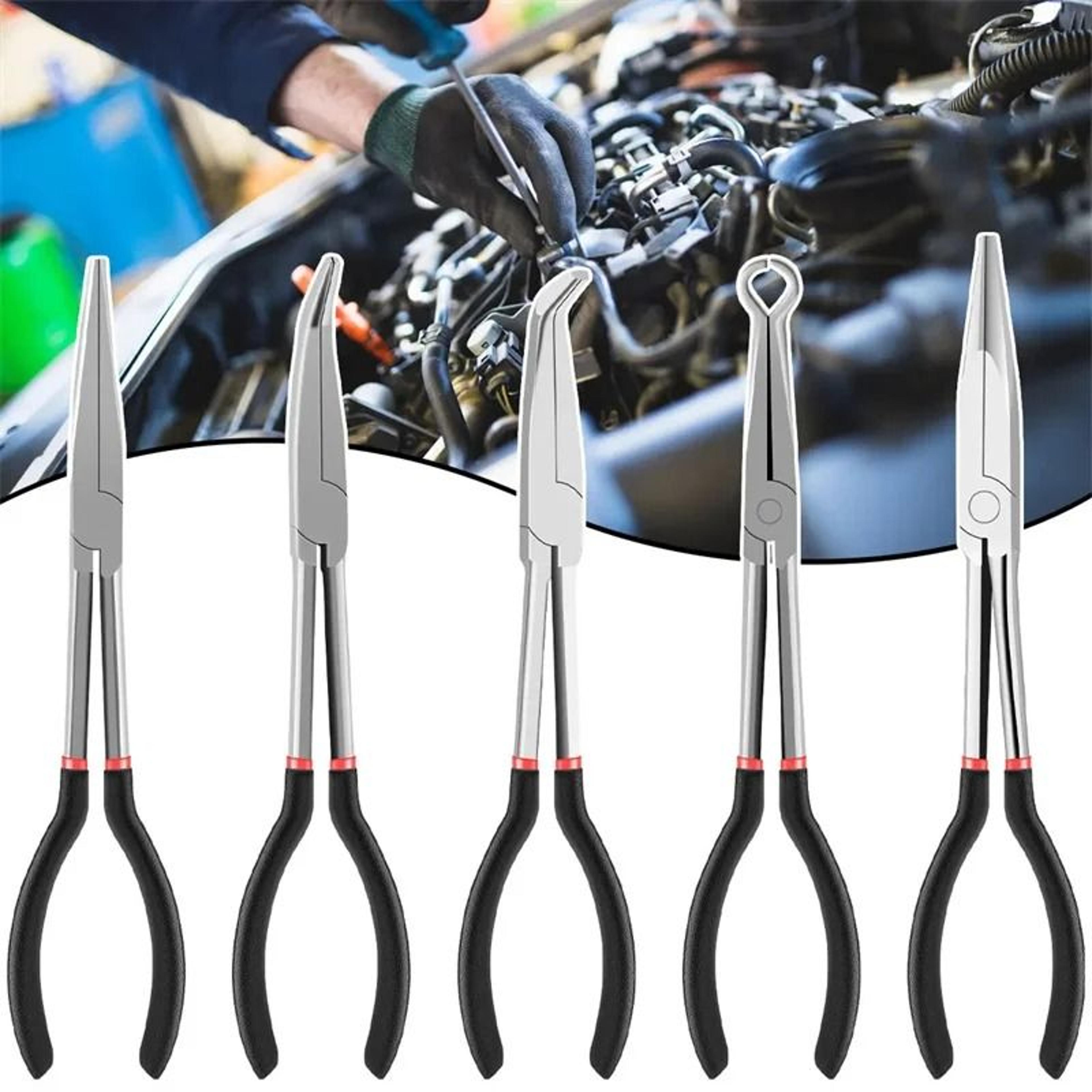 11 inch long nose pliers with straight and curved tips for repair work