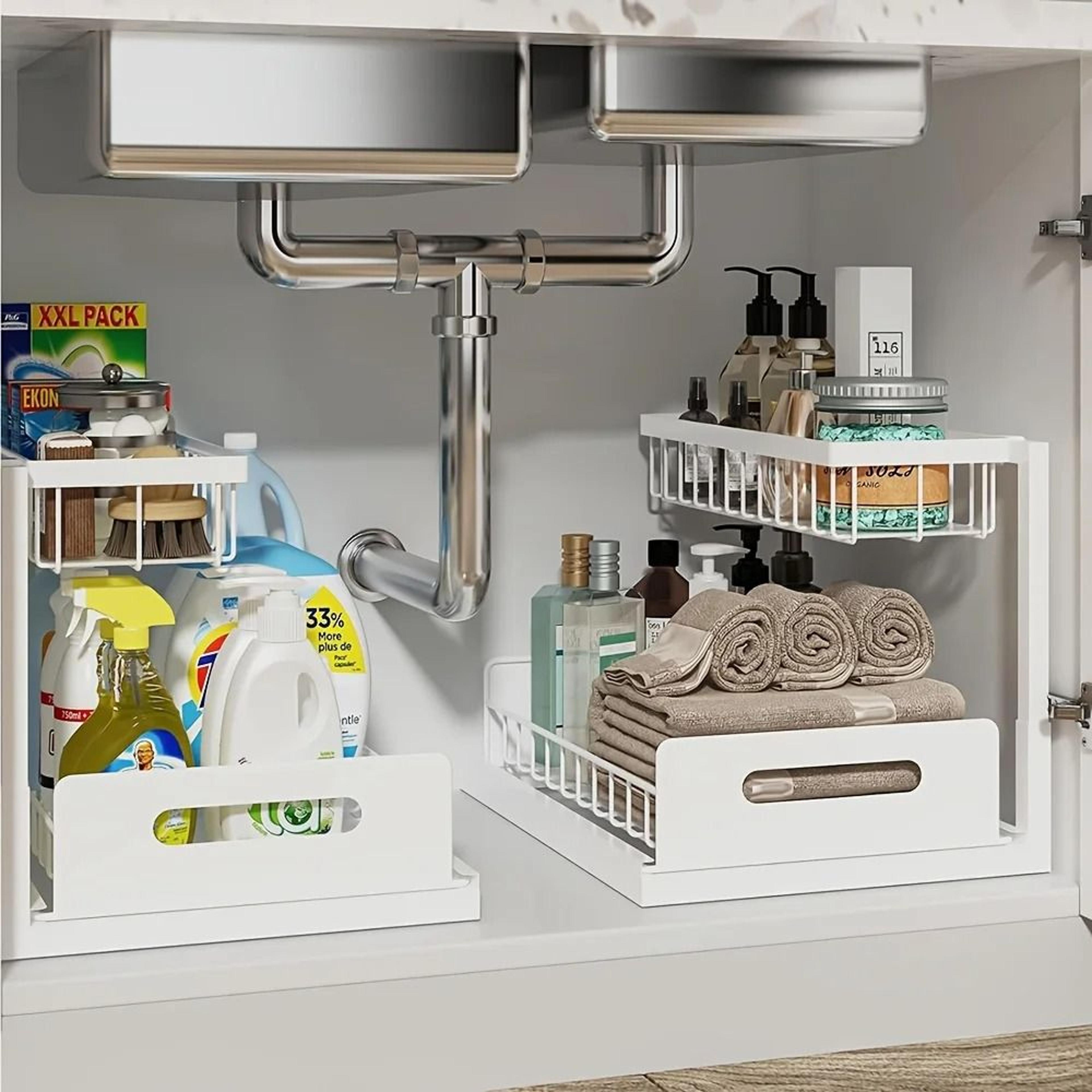 2 tier sliding under sink organizer for kitchen and bathroom storage