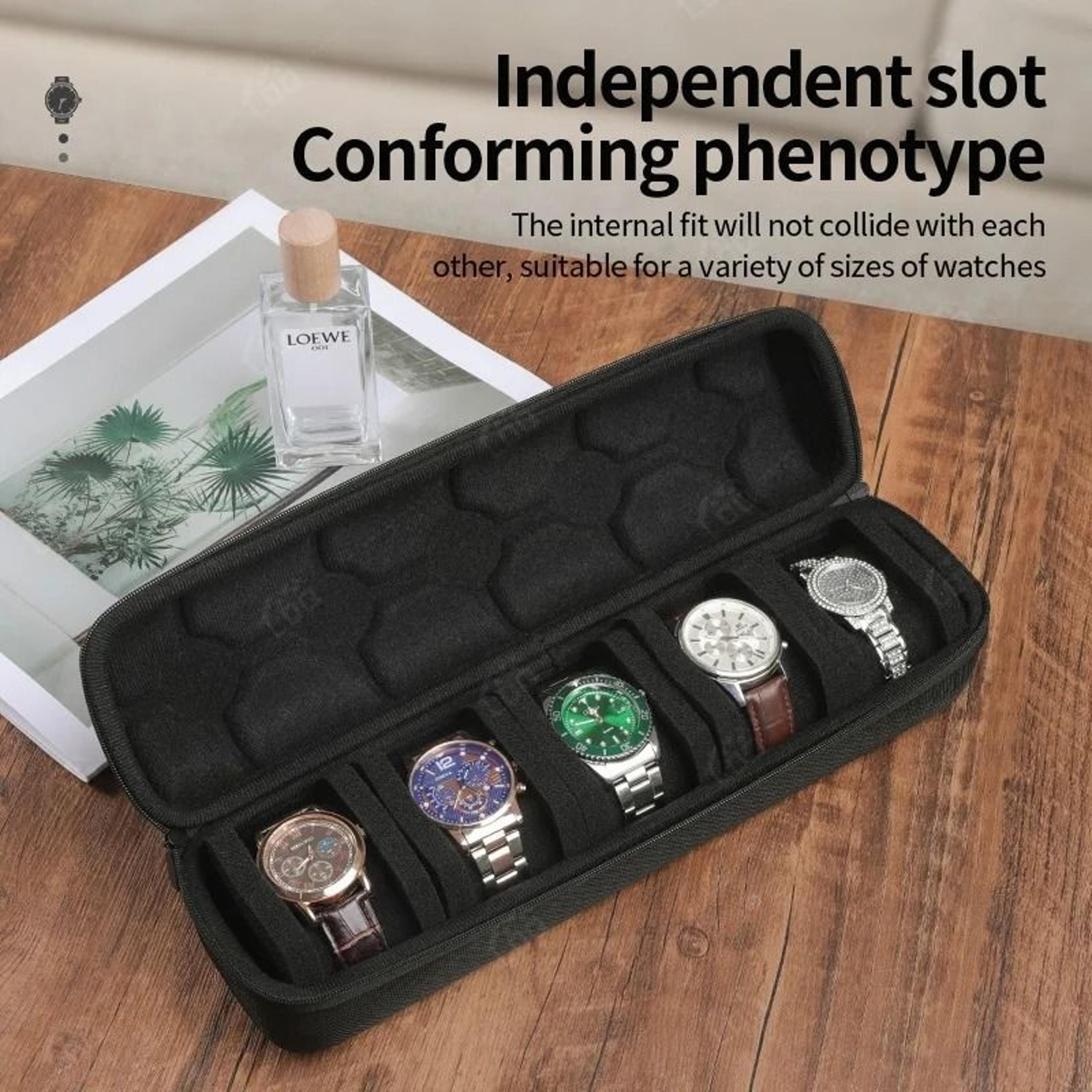 5 slot hard shell watch travel case with soft foam pillows and handle