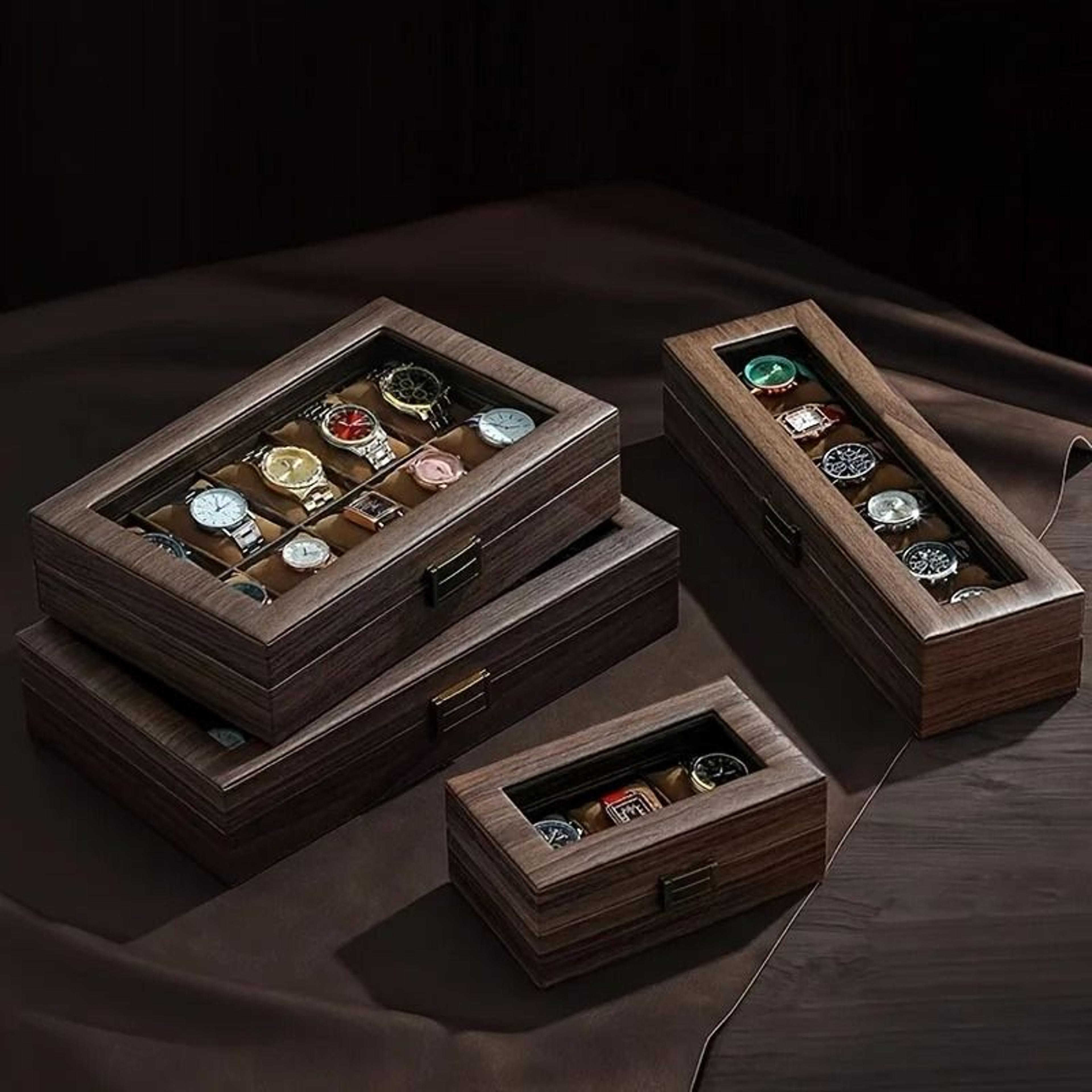 retro wood grain watch storage box large capacity multi slot watch display case
