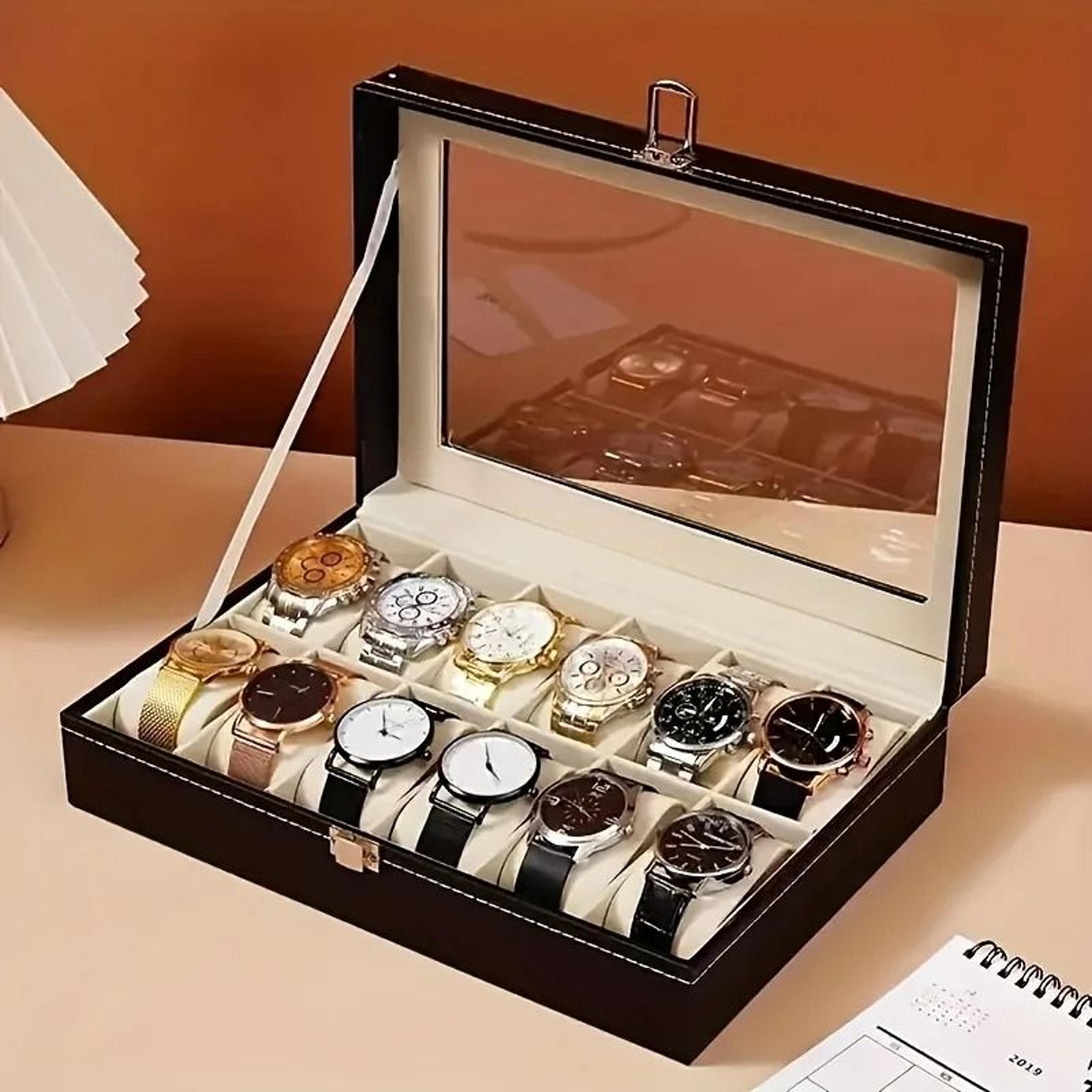 luxury black faux leather watch box with glass top lockable 12 slot display case