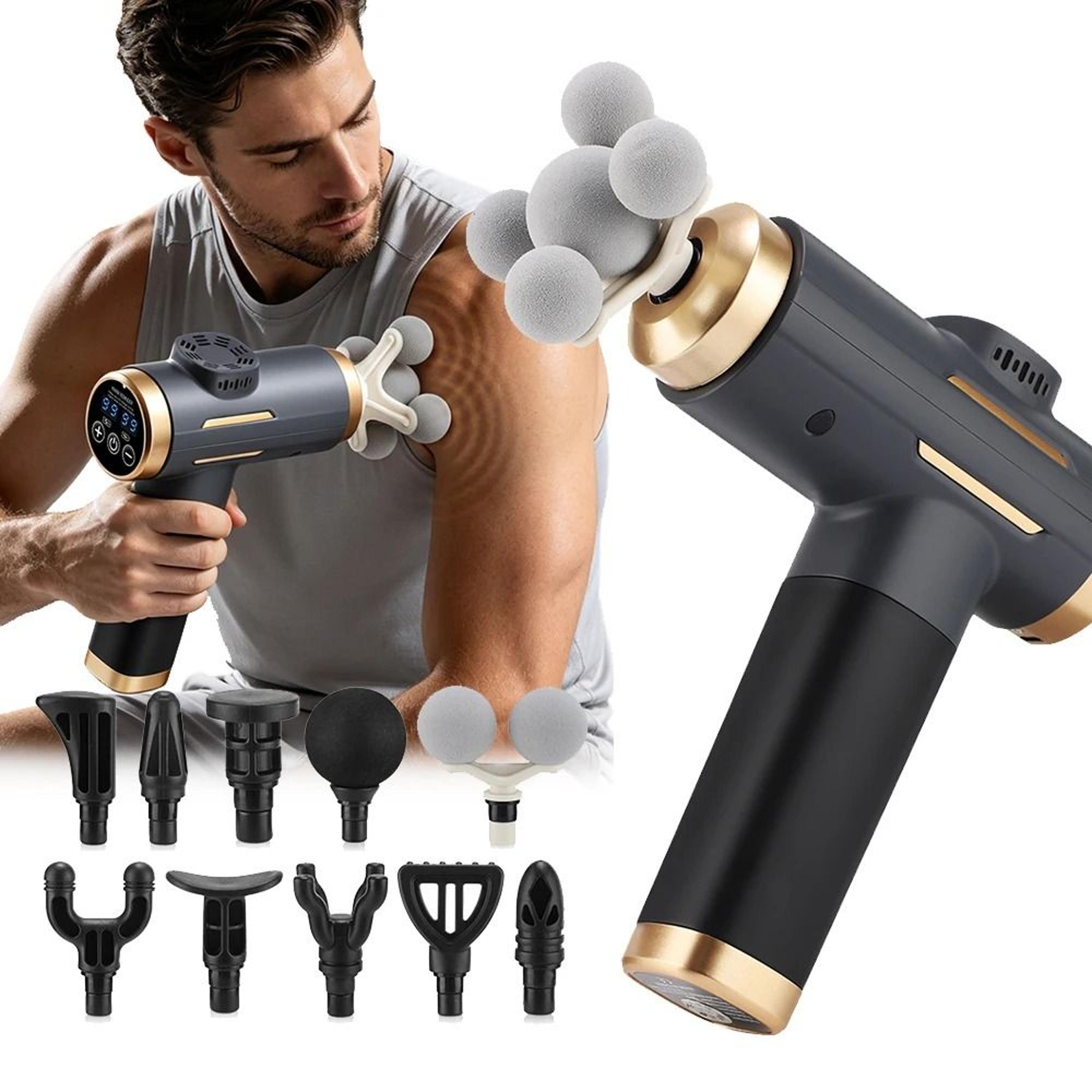 rechargeable deep tissue massage gun with 99 speeds and 11 massage heads