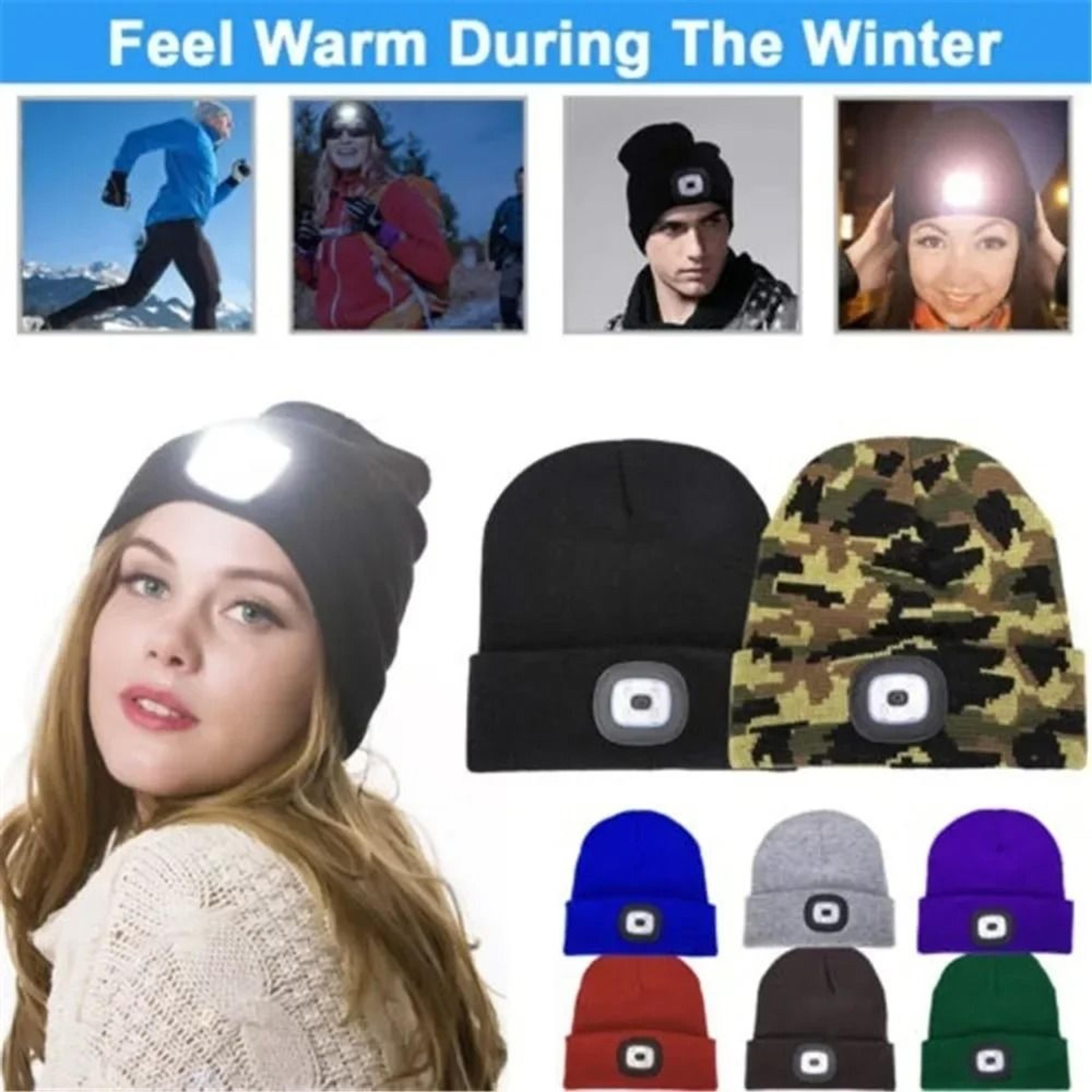 usb rechargeable led beanie hat winter knit cap with removable headlight