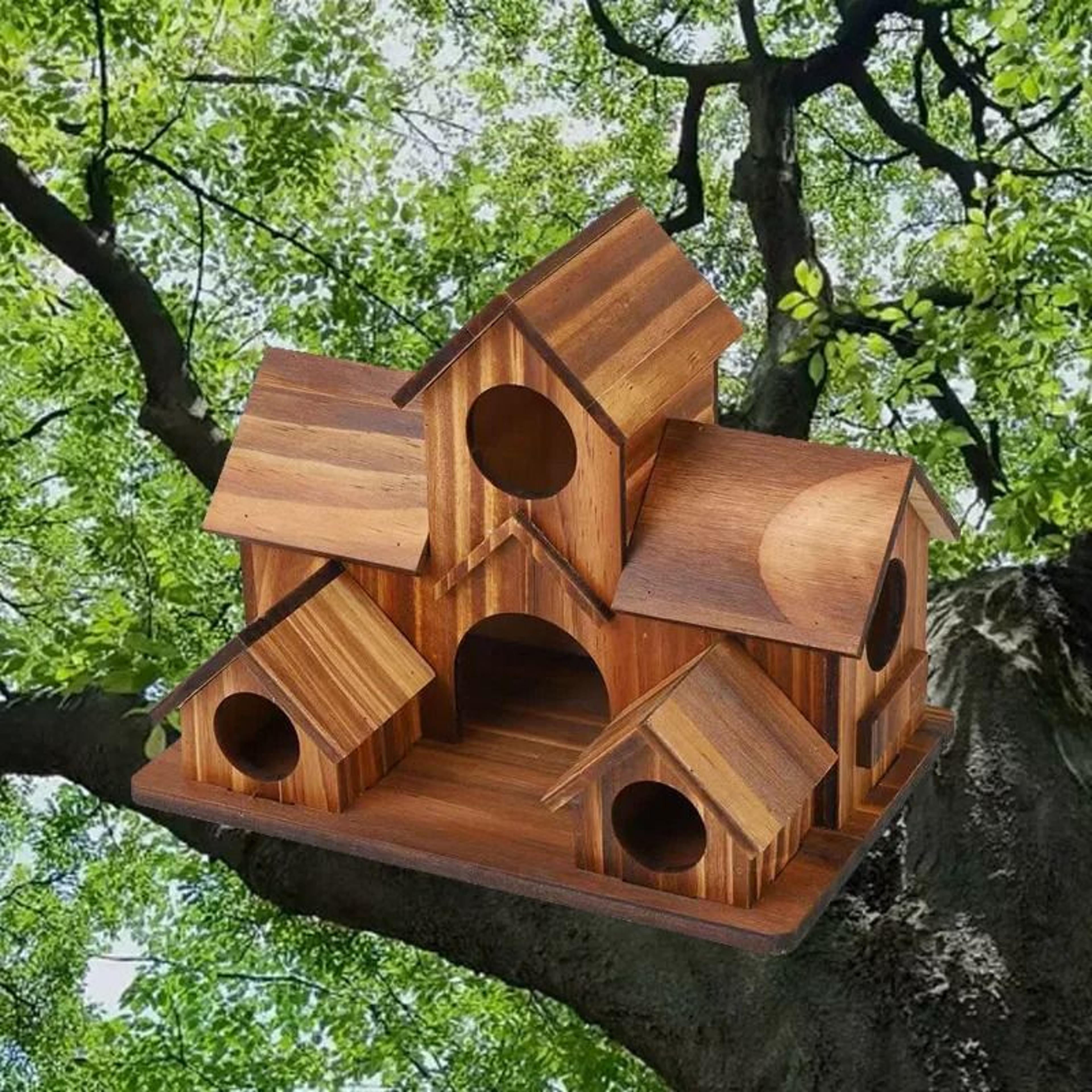 handmade rustic wooden bird house hanging nesting shelter for outdoor garden decor