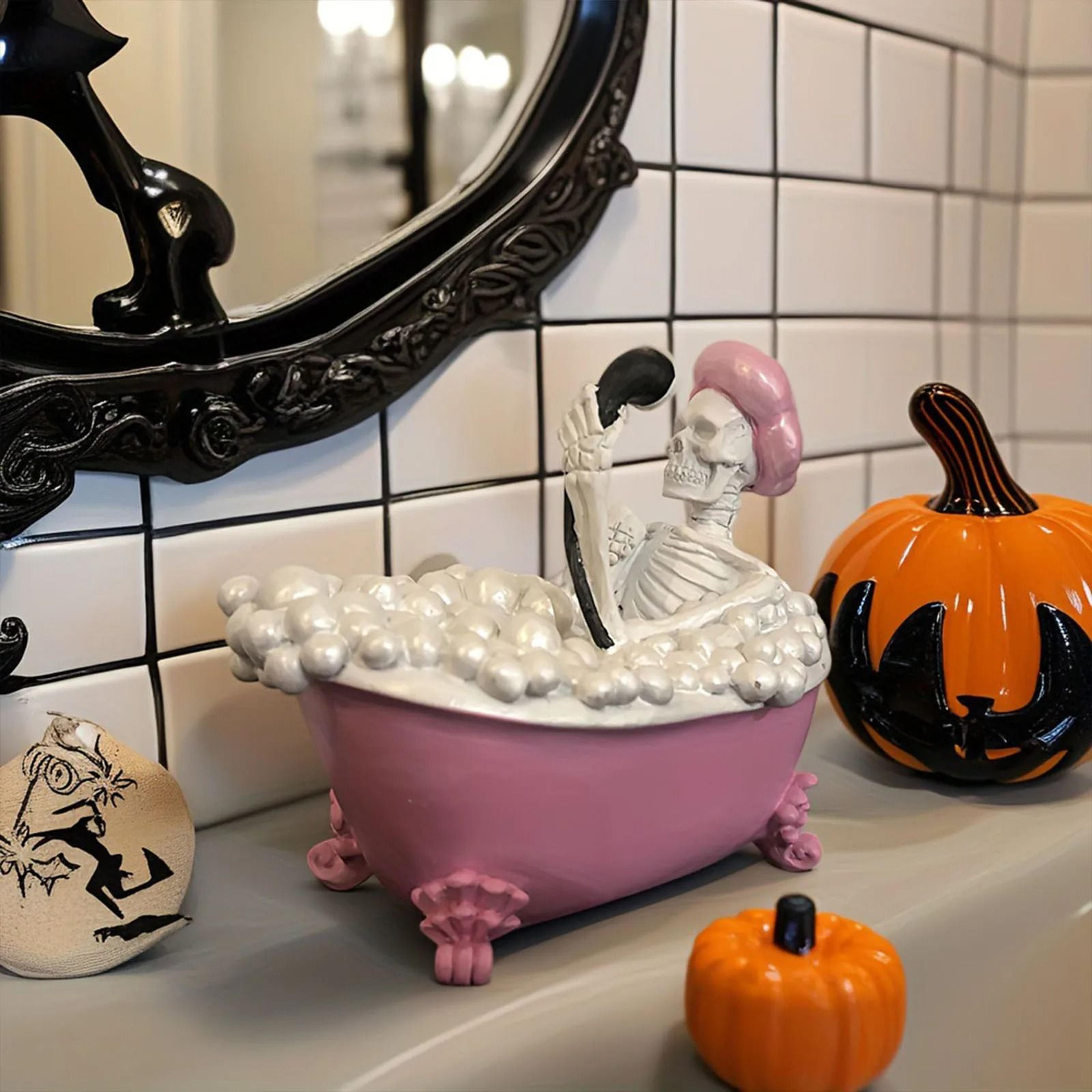 spooky skeleton in pink bathtub figurine halloween bathroom decor gothic resin statue for parties & prank gifts