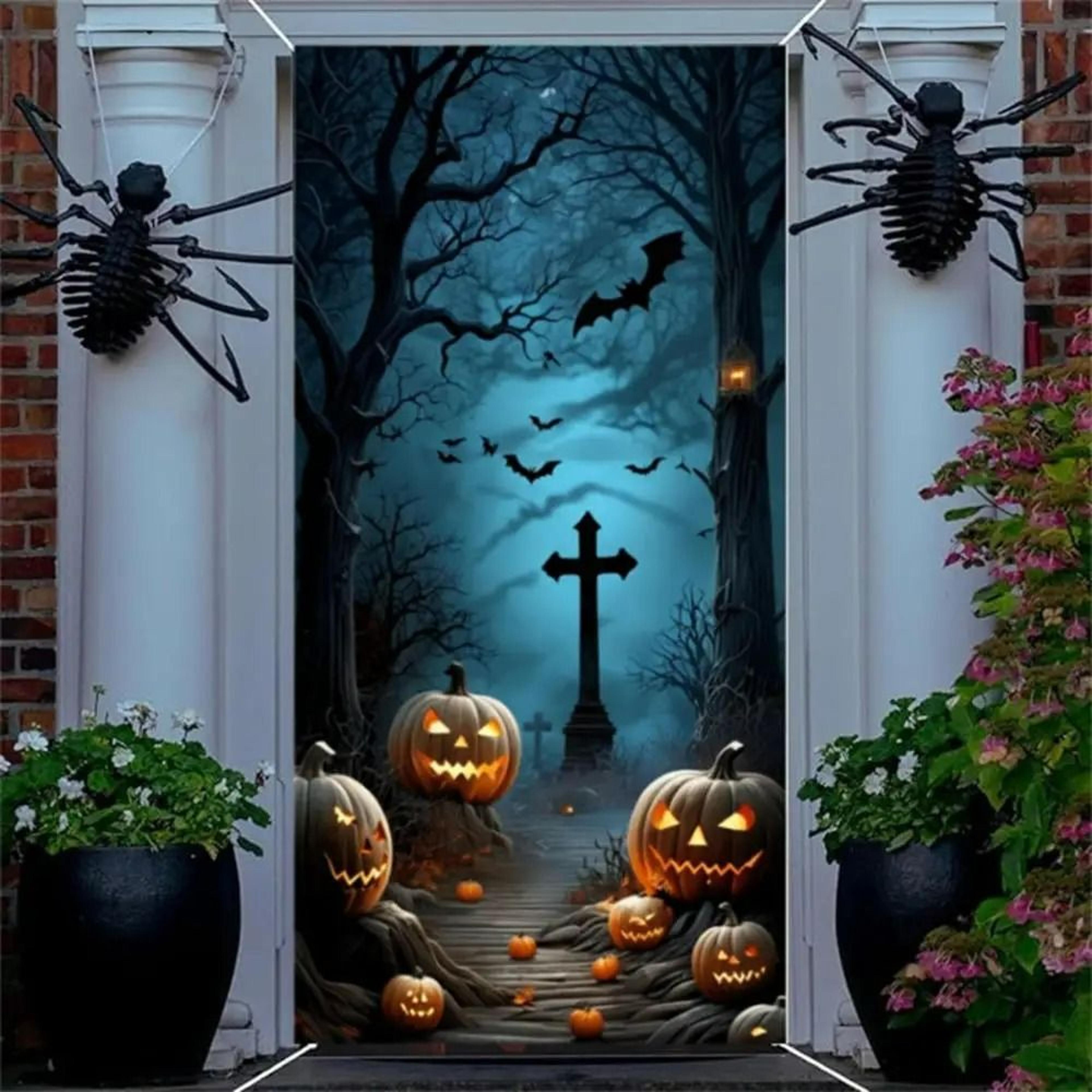 scary halloween door cover cemetery pumpkin moon night backdrop