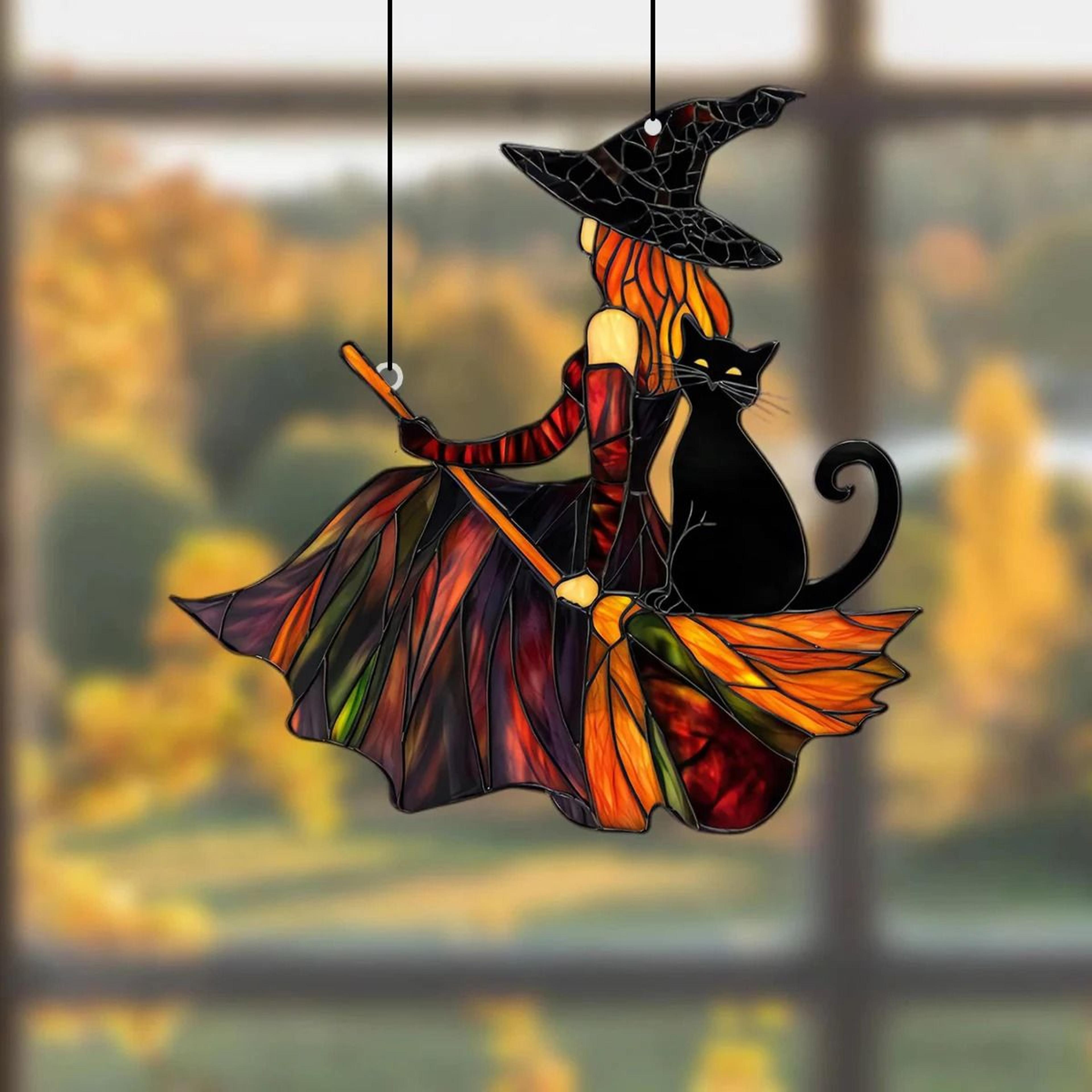 gothic witch and black cat acrylic suncatcher halloween window decor
