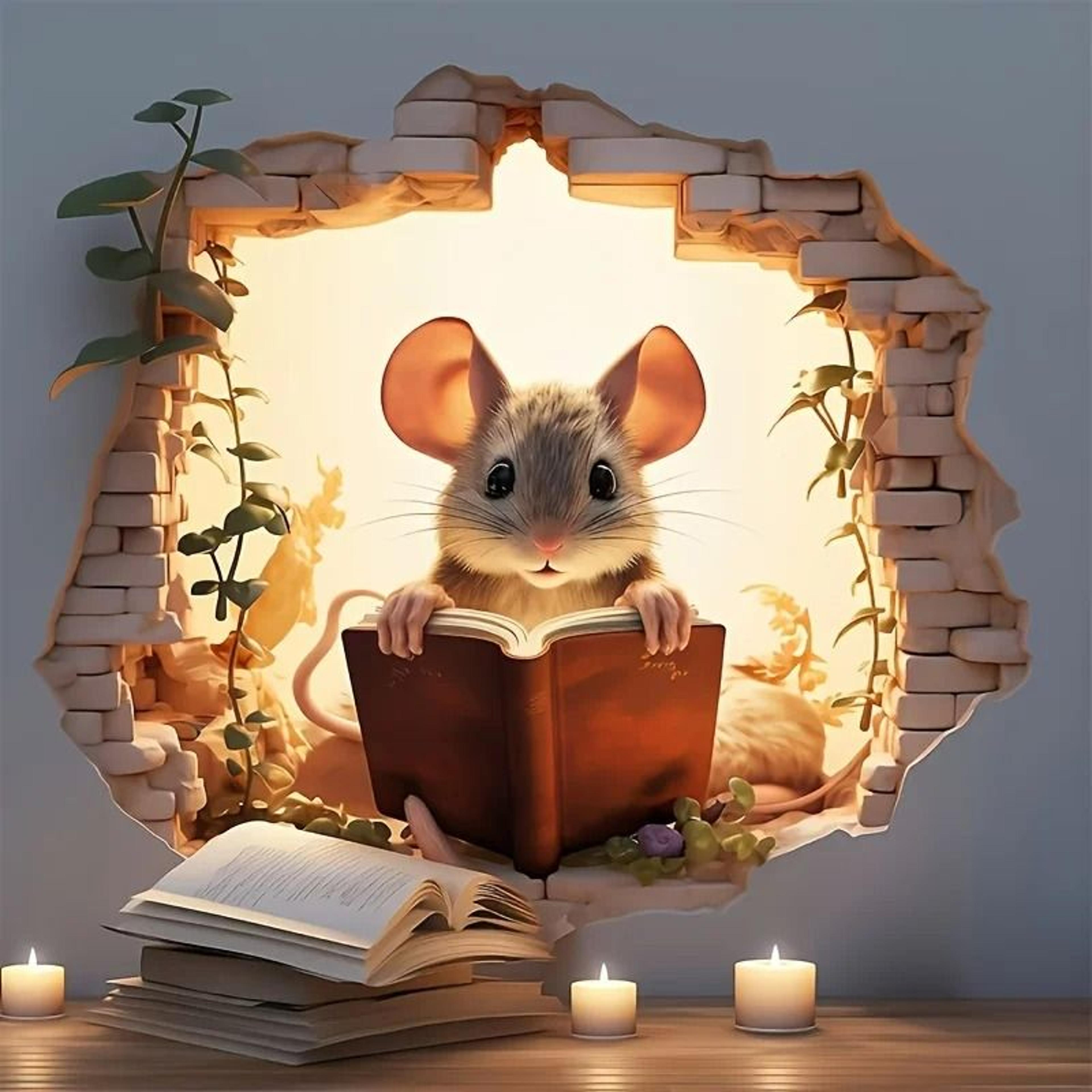 3d reading mouse wall sticker cute removable vinyl mouse hole decor