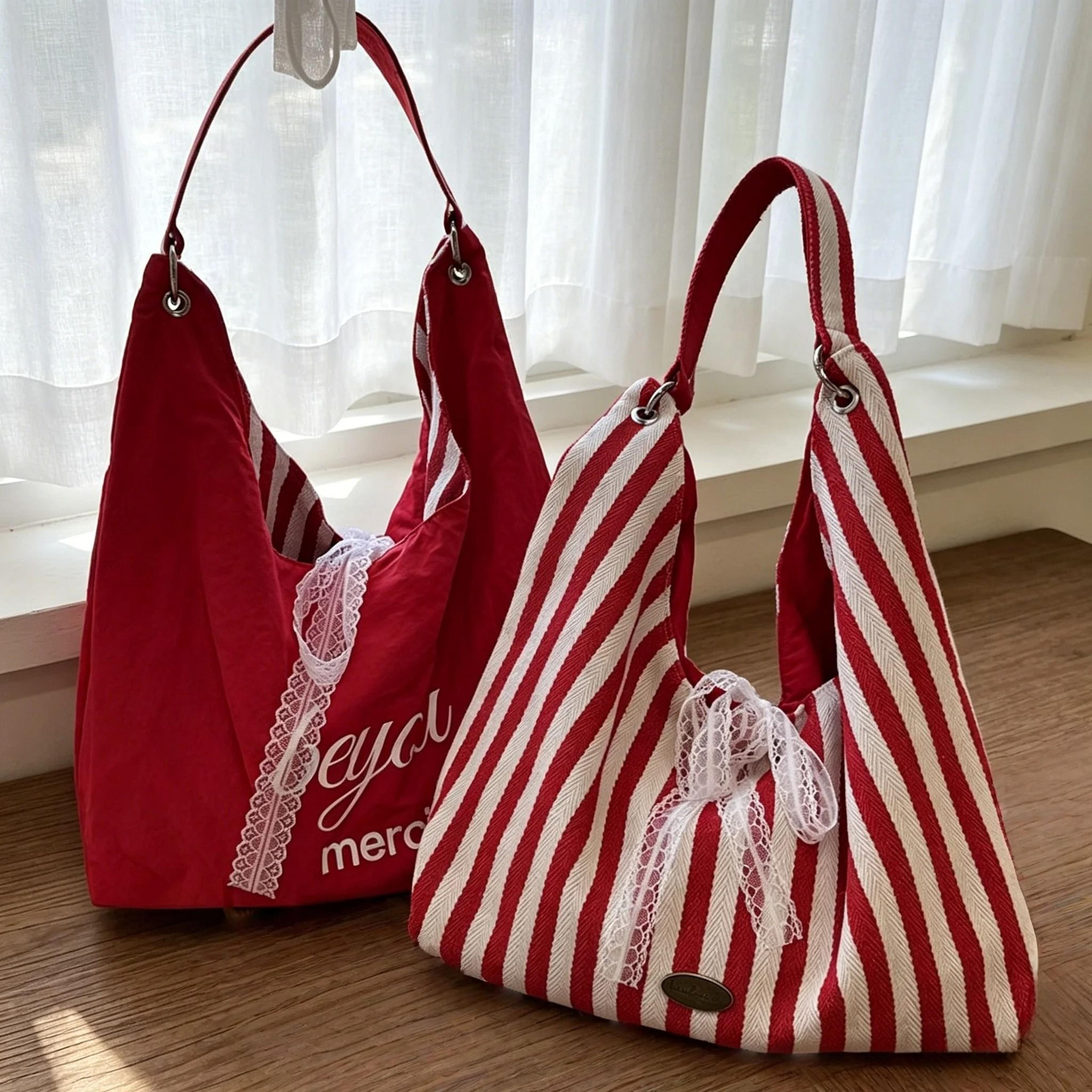 striped lace bow large capacity shoulder tote bag