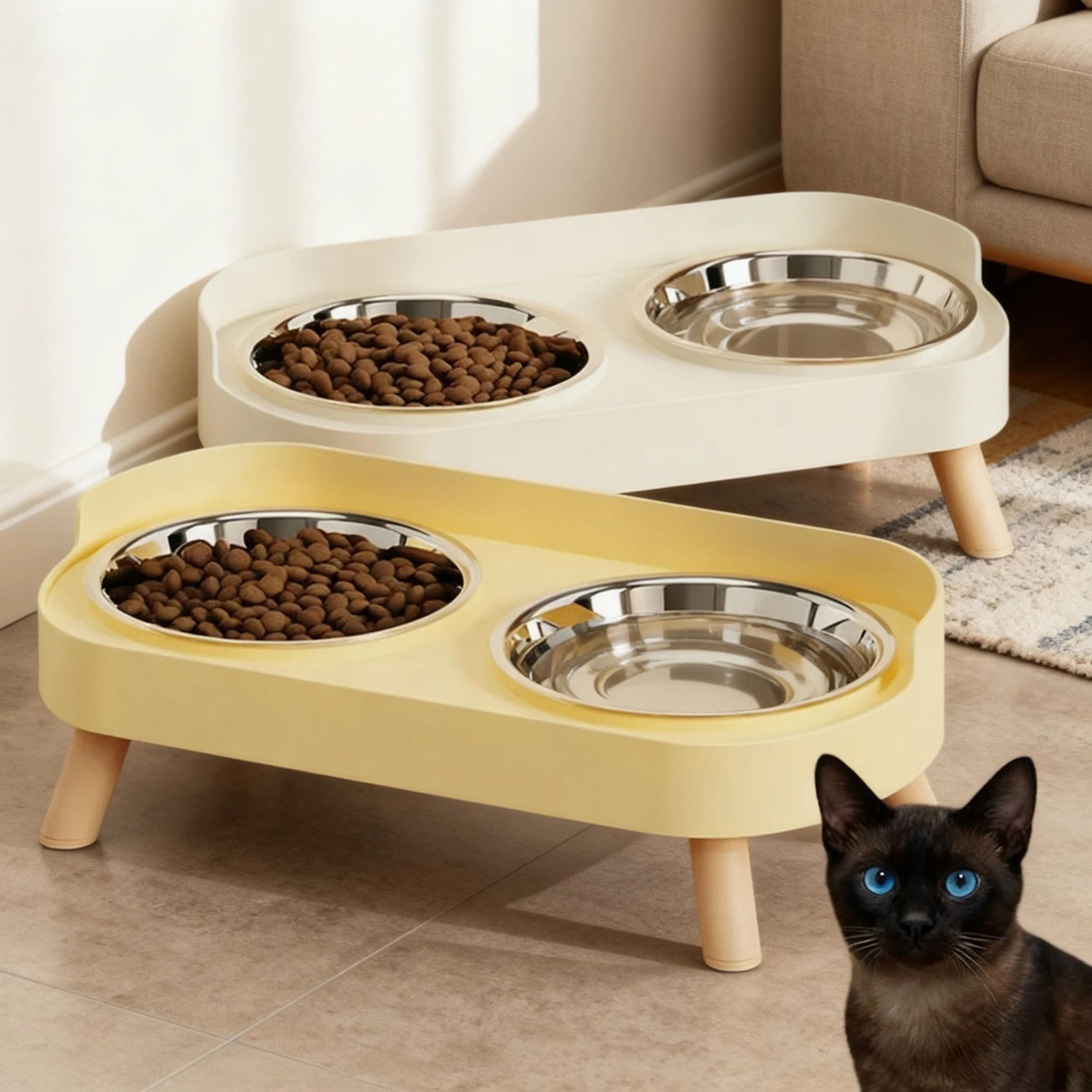 tilted elevated stainless steel pet food and water bowl set