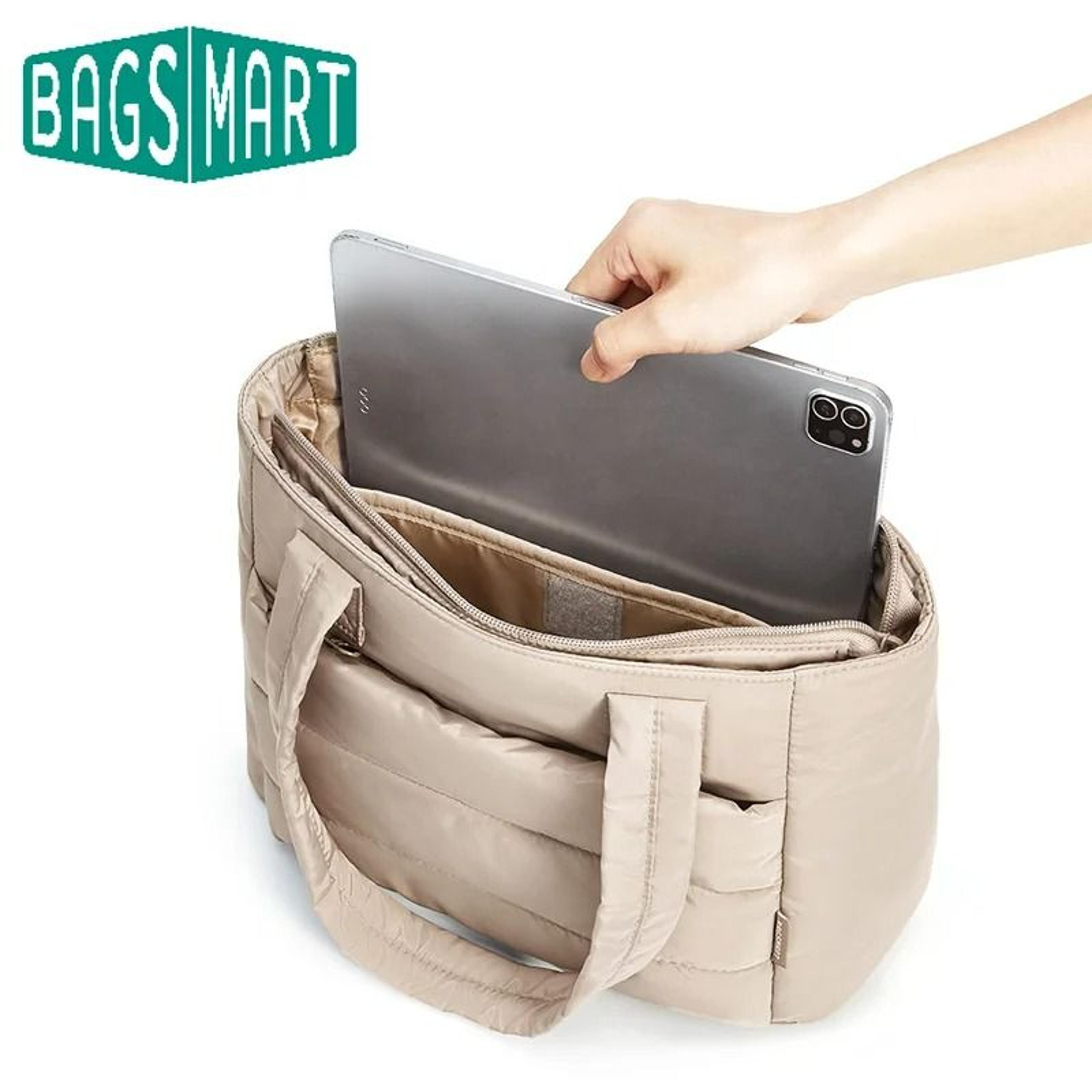 lightweight compartmented puffy shoulder tote