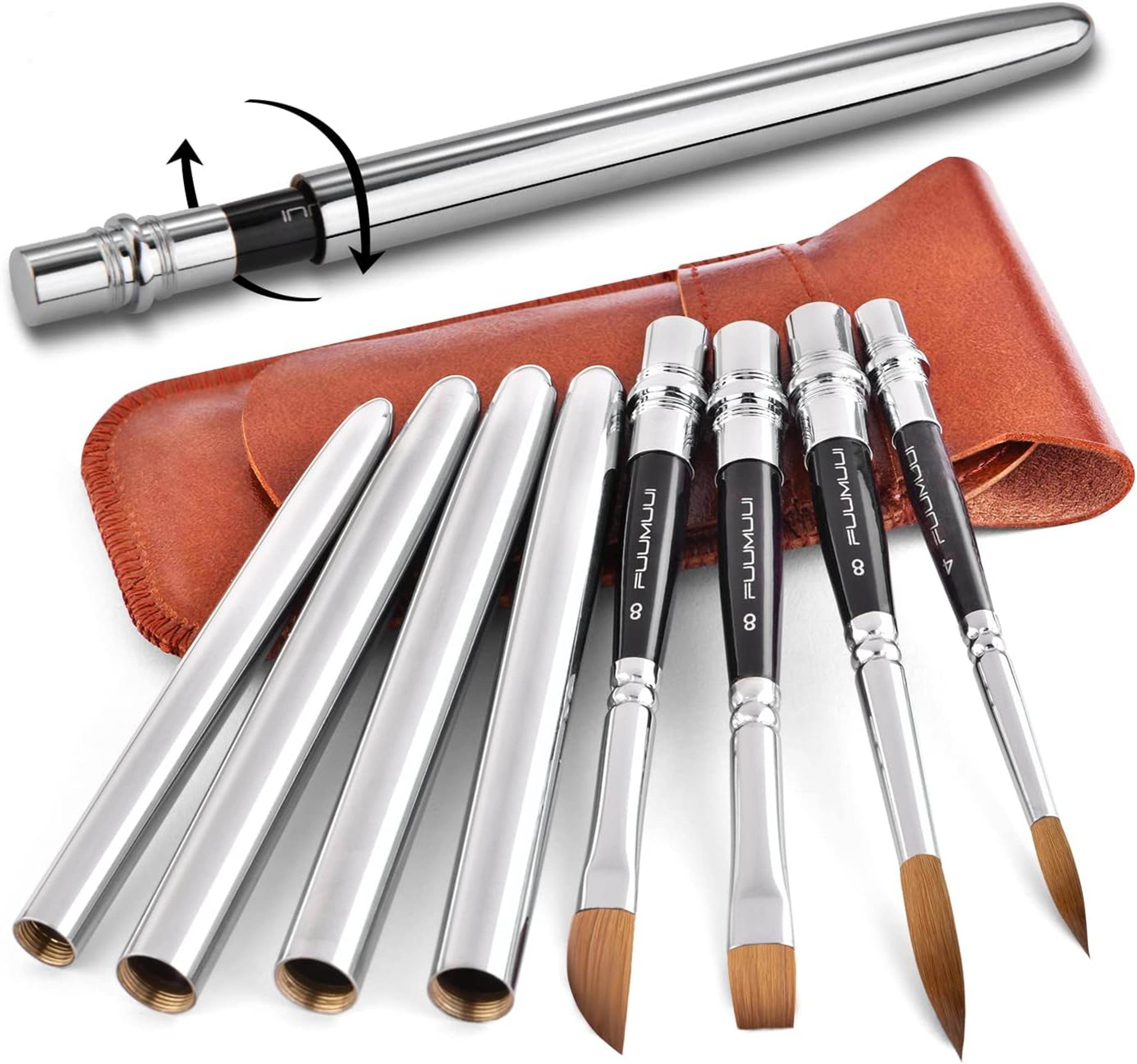 travel watercolor brushes – round extra-long synthetic sable pocket brushes with protective handle case