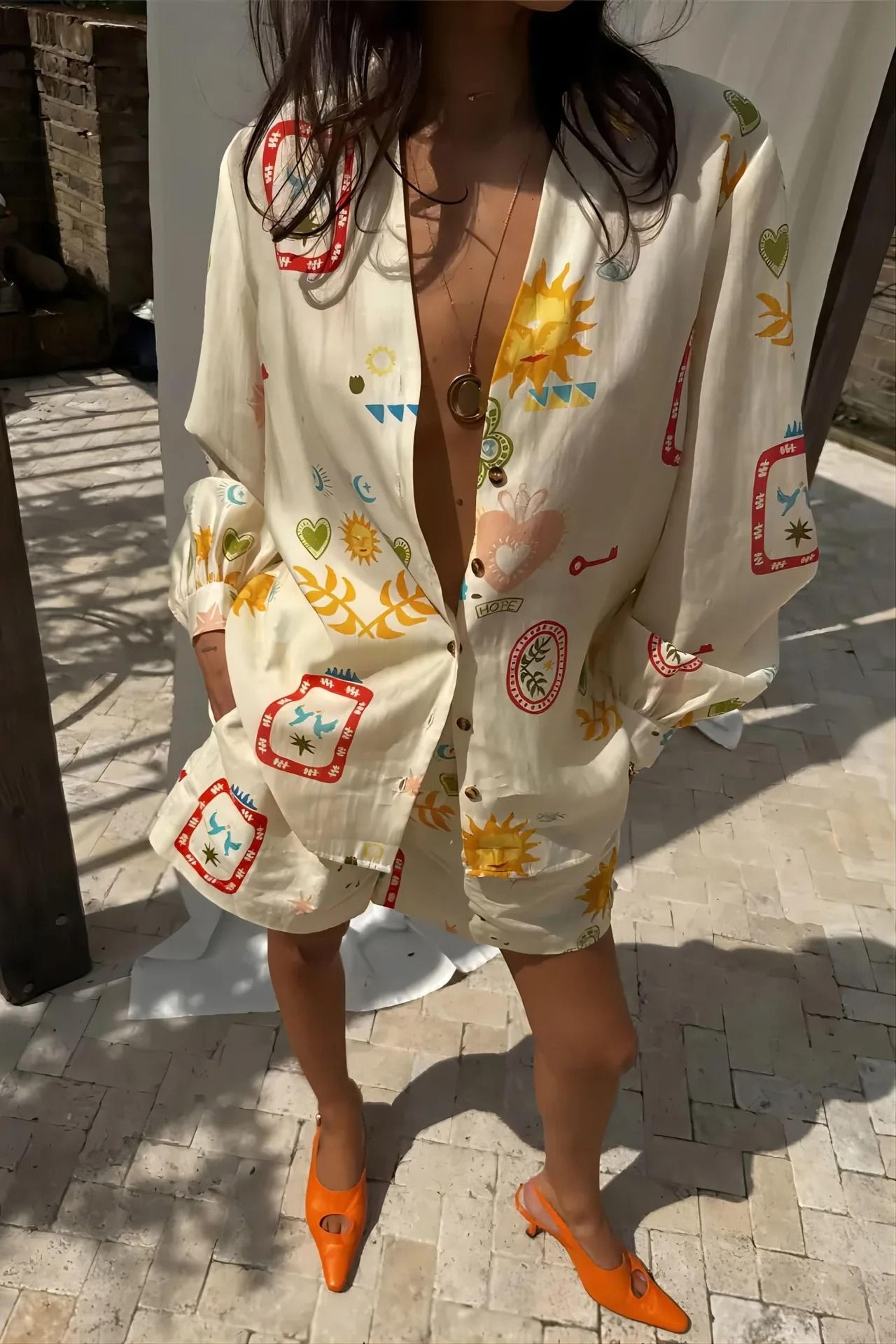 women fashion elastic waist two piece floral print top and shorts set