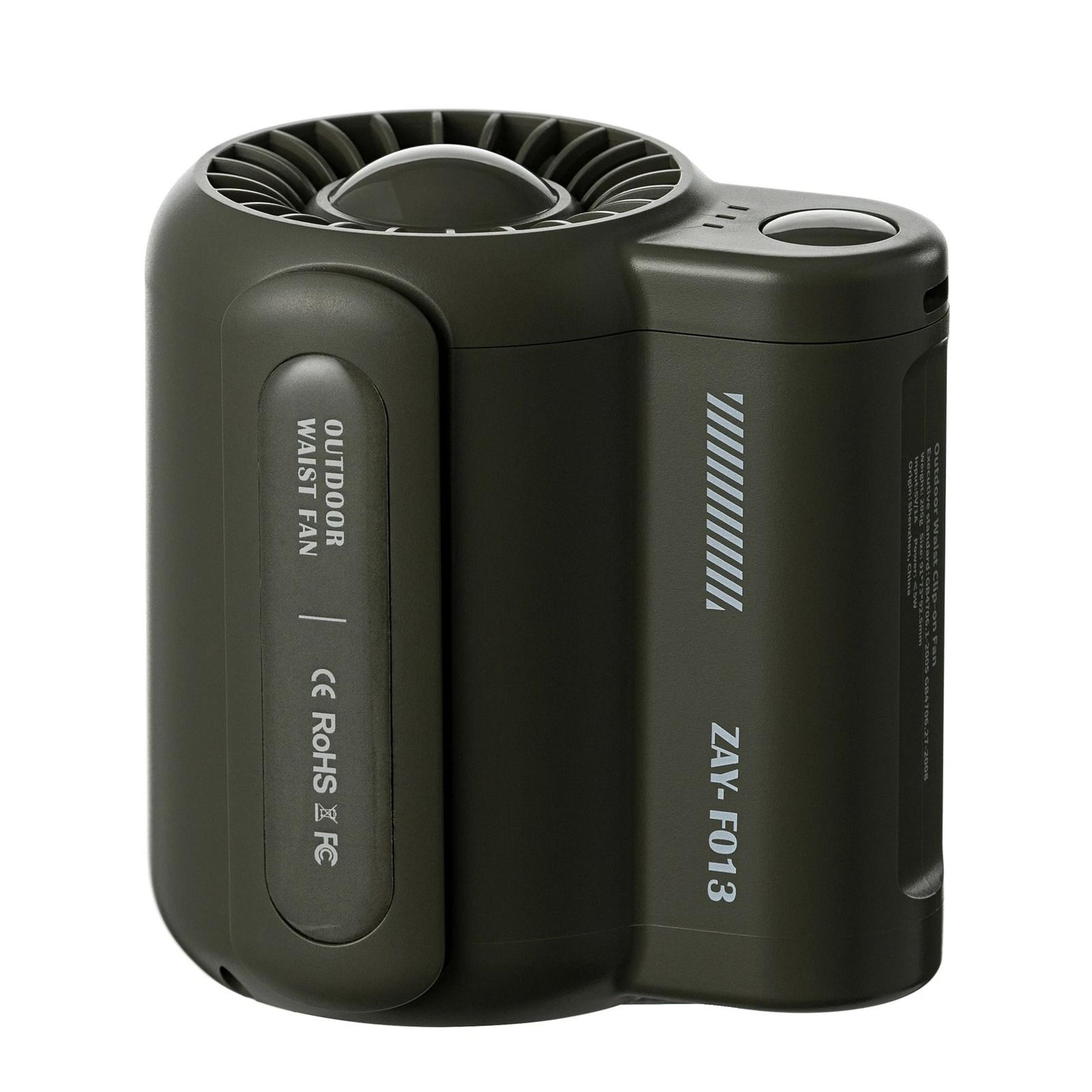rechargeable waist mounted portable fan with leafless design and three speeds for outdoor camping and travel