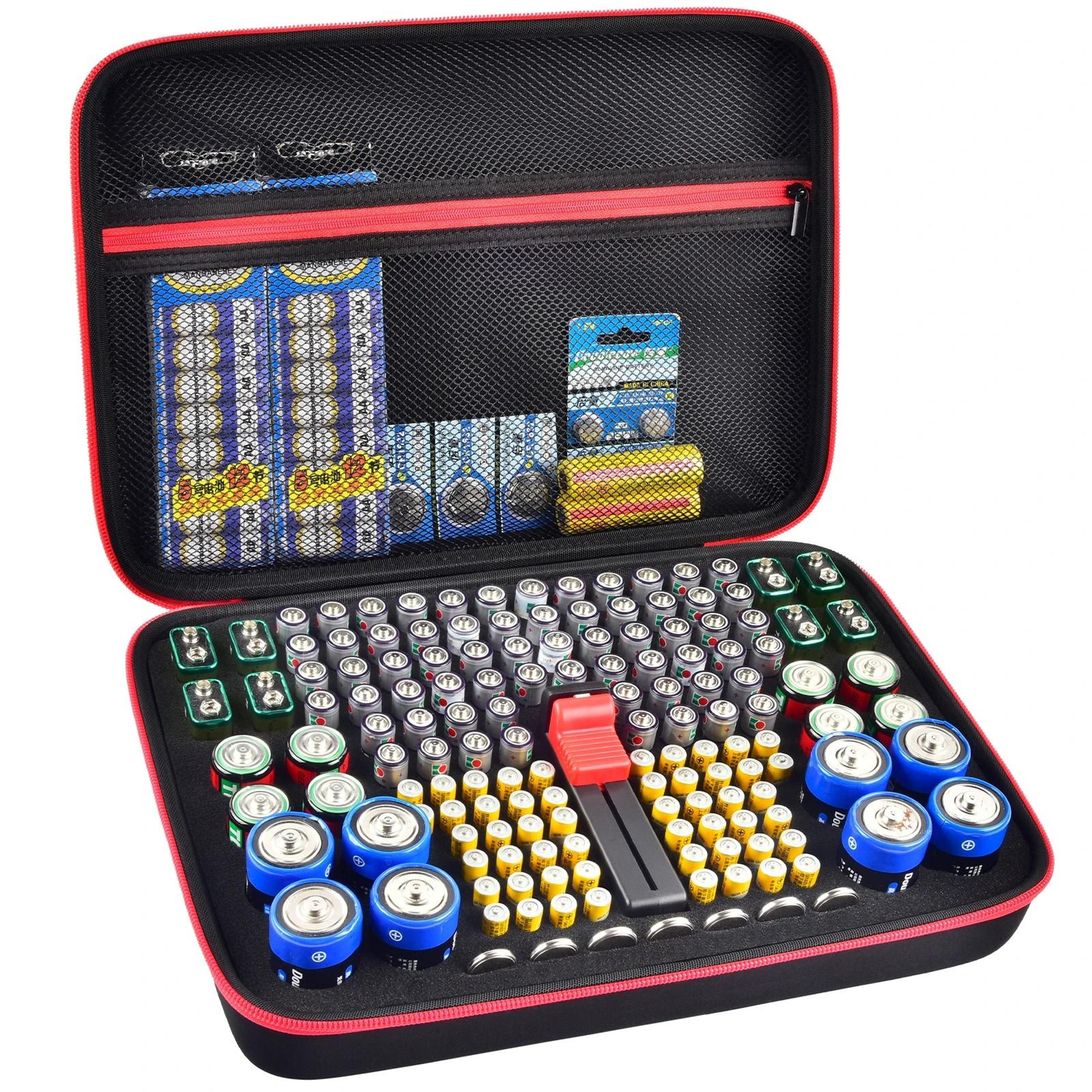 battery organizer storage box with tester for aa aaa 9v c d batteries home garage holder case
