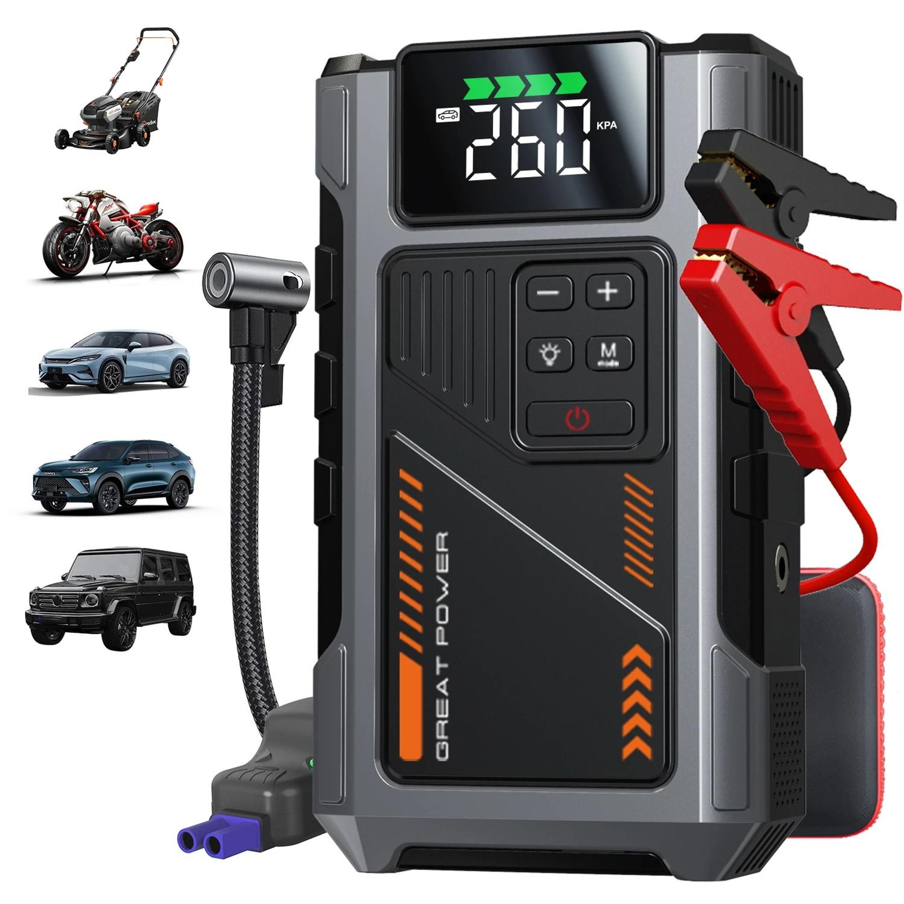portable car jump starter with air compressor and 3000a peak battery pack for gas and diesel engines