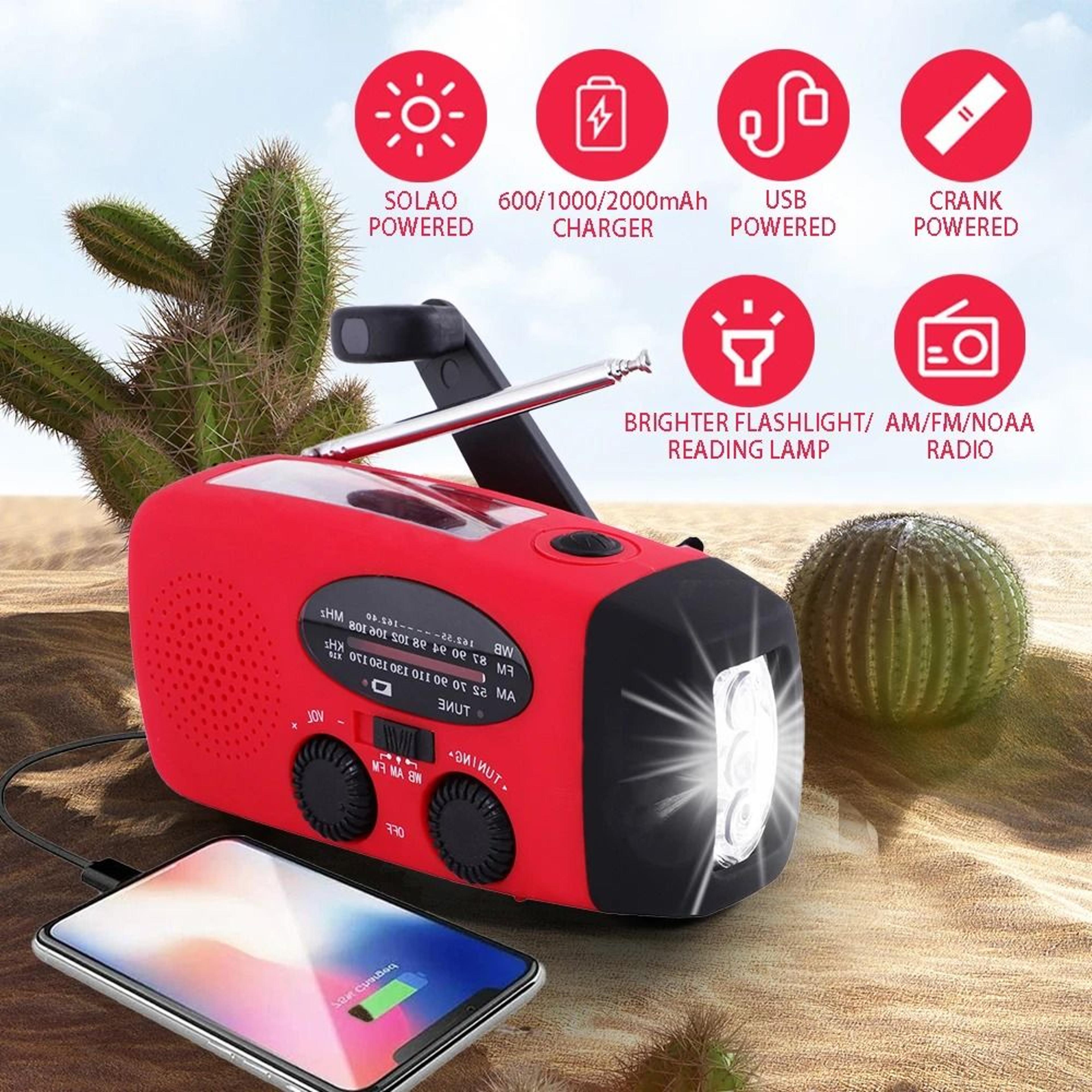 portable emergency radio with solar usb charging led light and fm am for travel and outdoor use