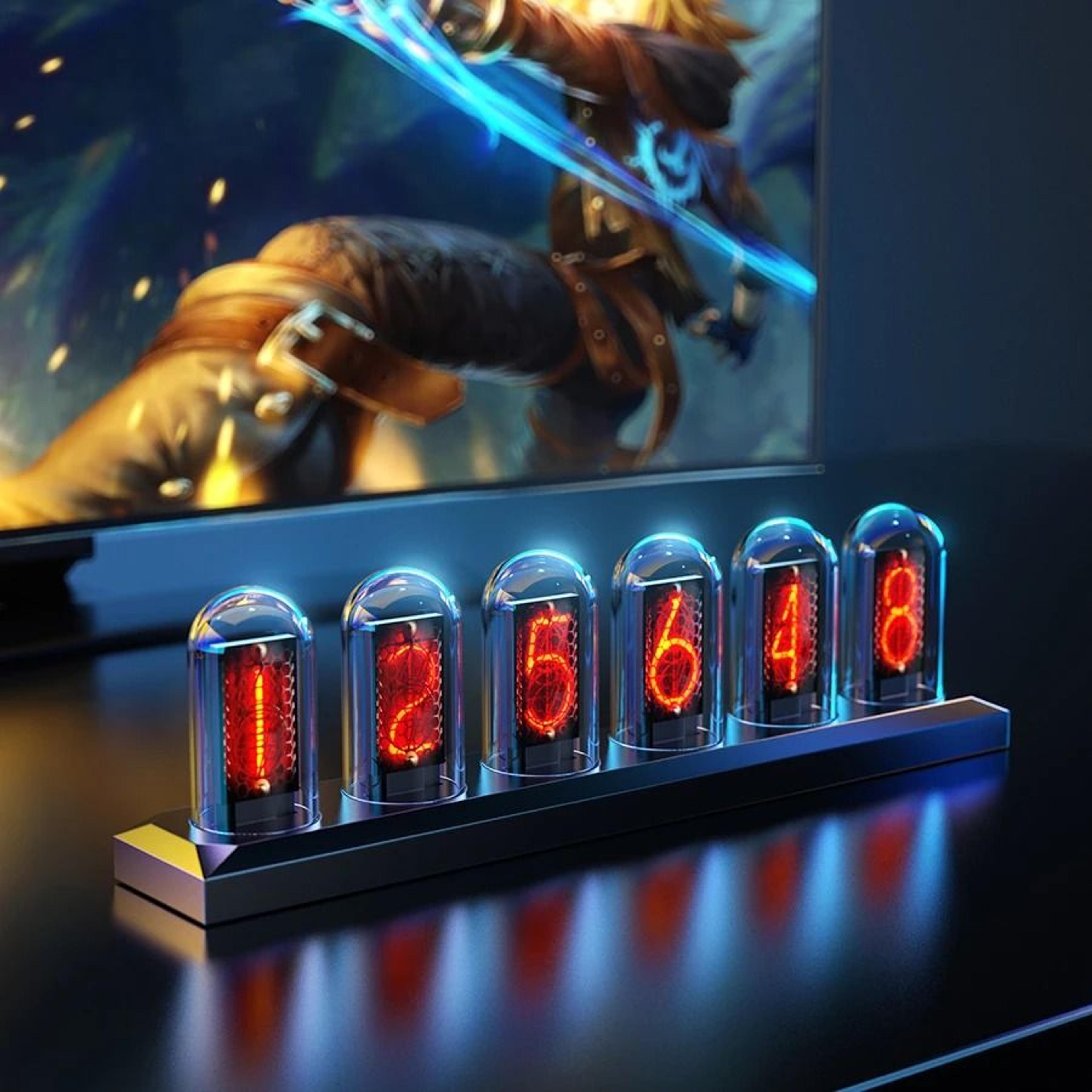rgb nixie tube clock with ips screen and led glow for desktop decor and night light display