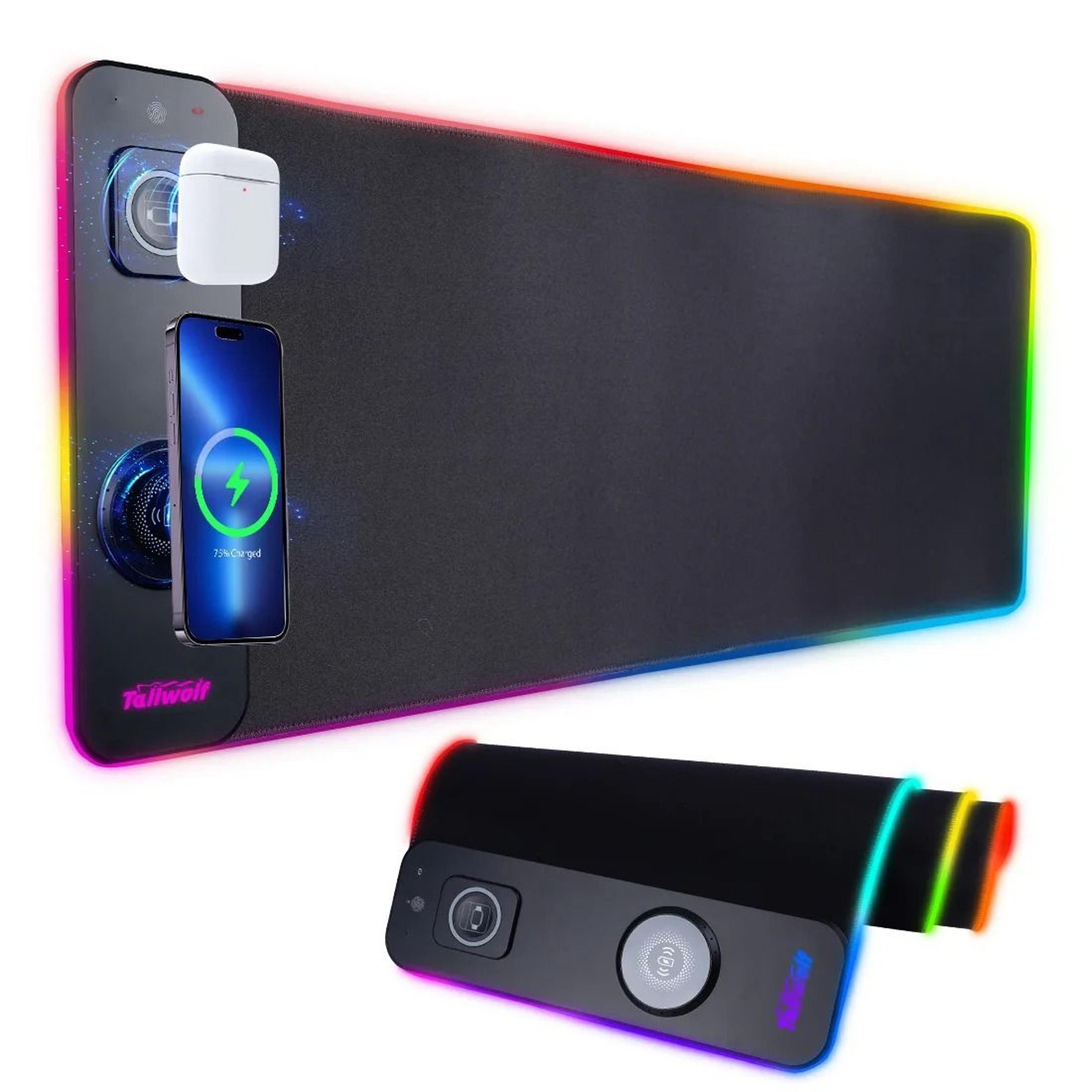 wireless charging rgb mouse pad with luminous edge for gaming and phone charging desktop setup