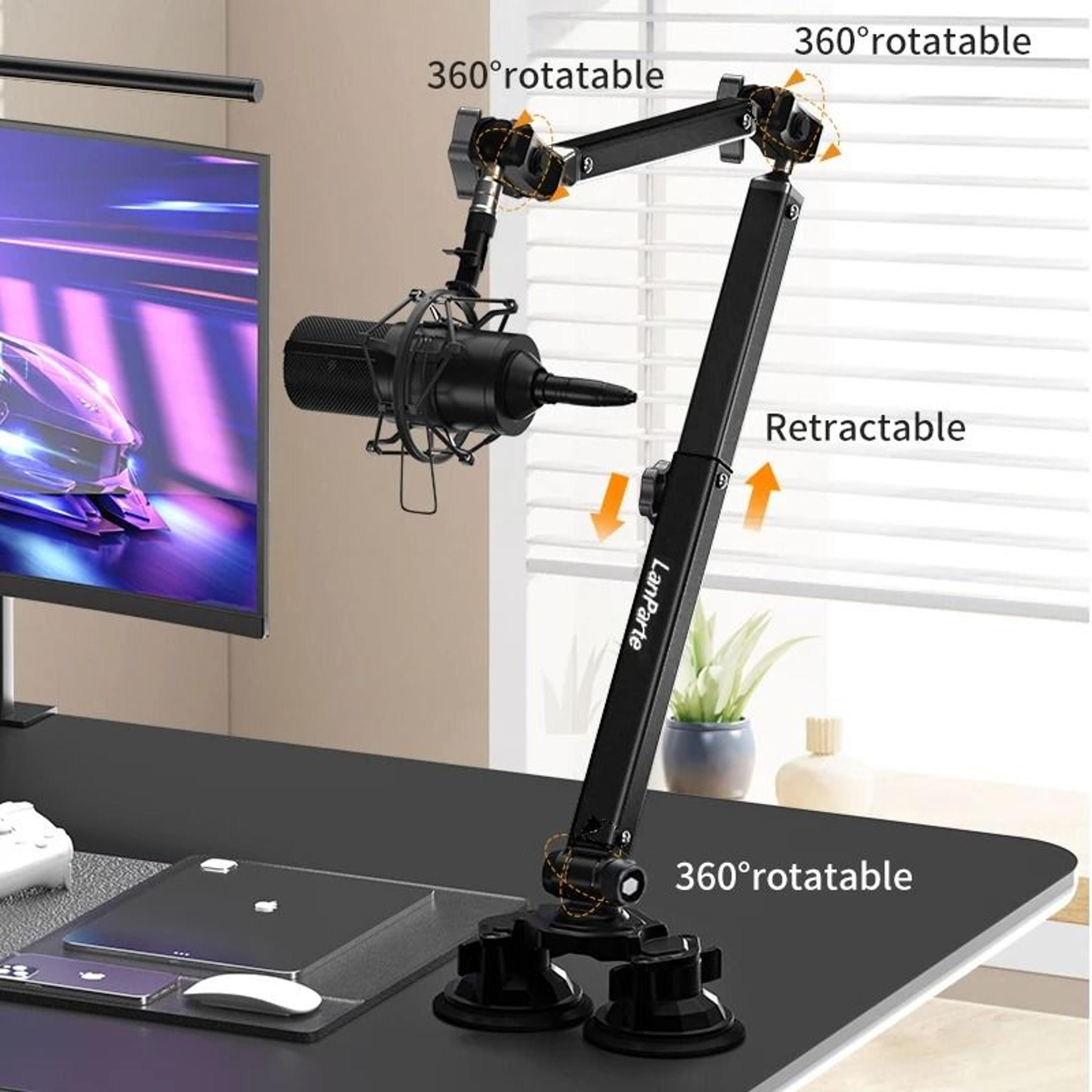 adjustable mic boom arm with desk mount and detachable riser for streaming recording or podcast setup