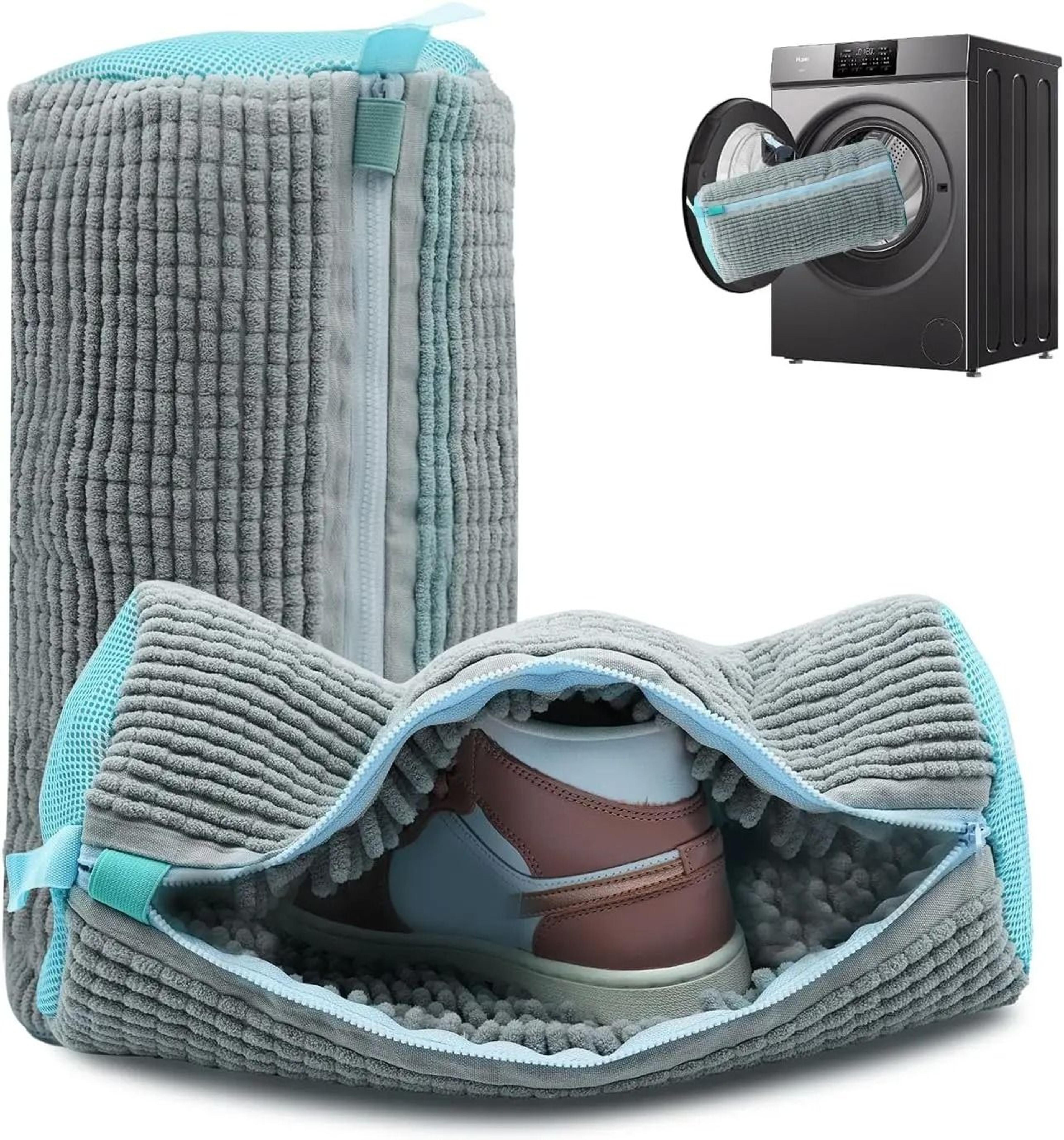 cotton shoe washing bag with fluffy fiber lining for laundry protection and dirt removal