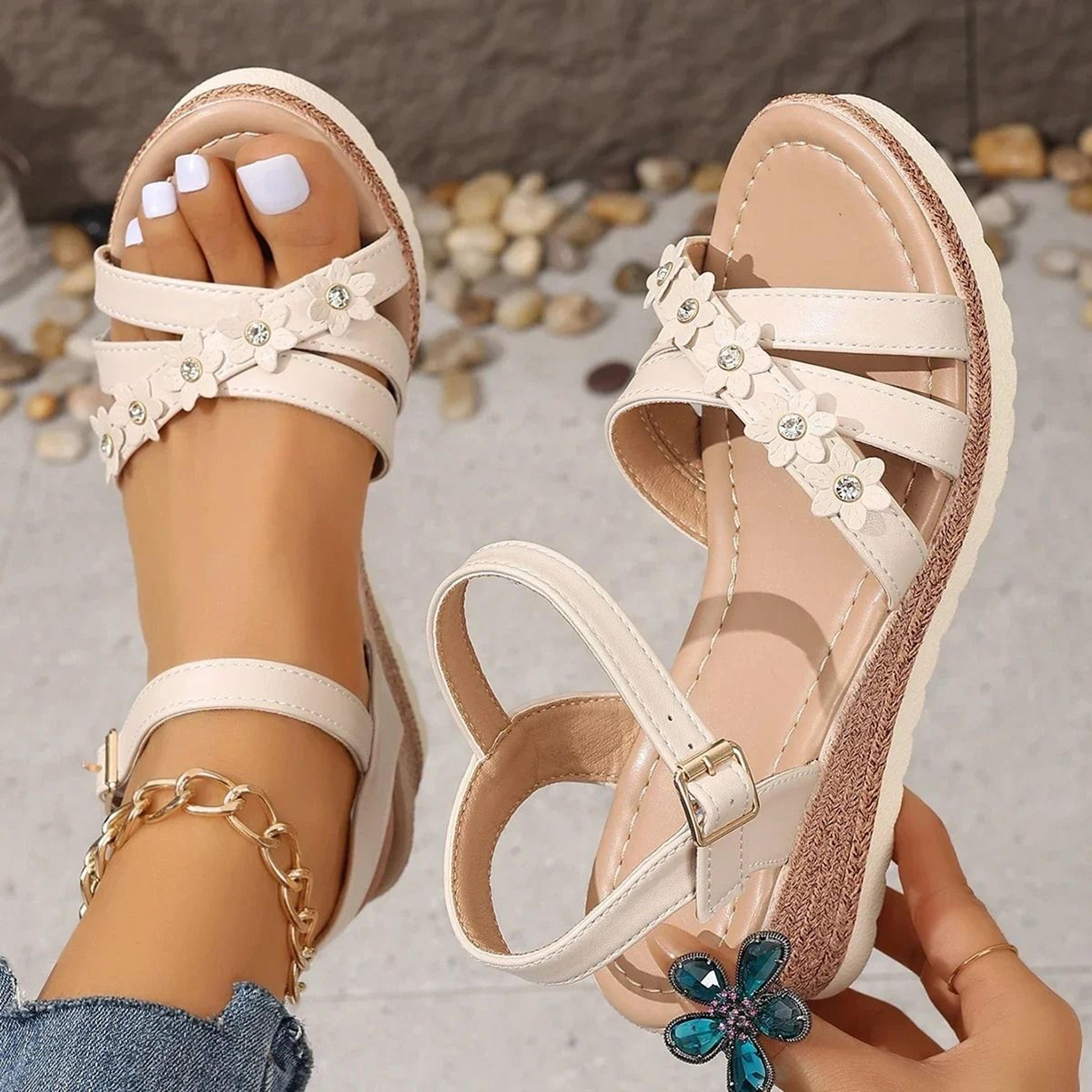 womens summer wedge sandals with flower detail and ankle strap for comfort and style