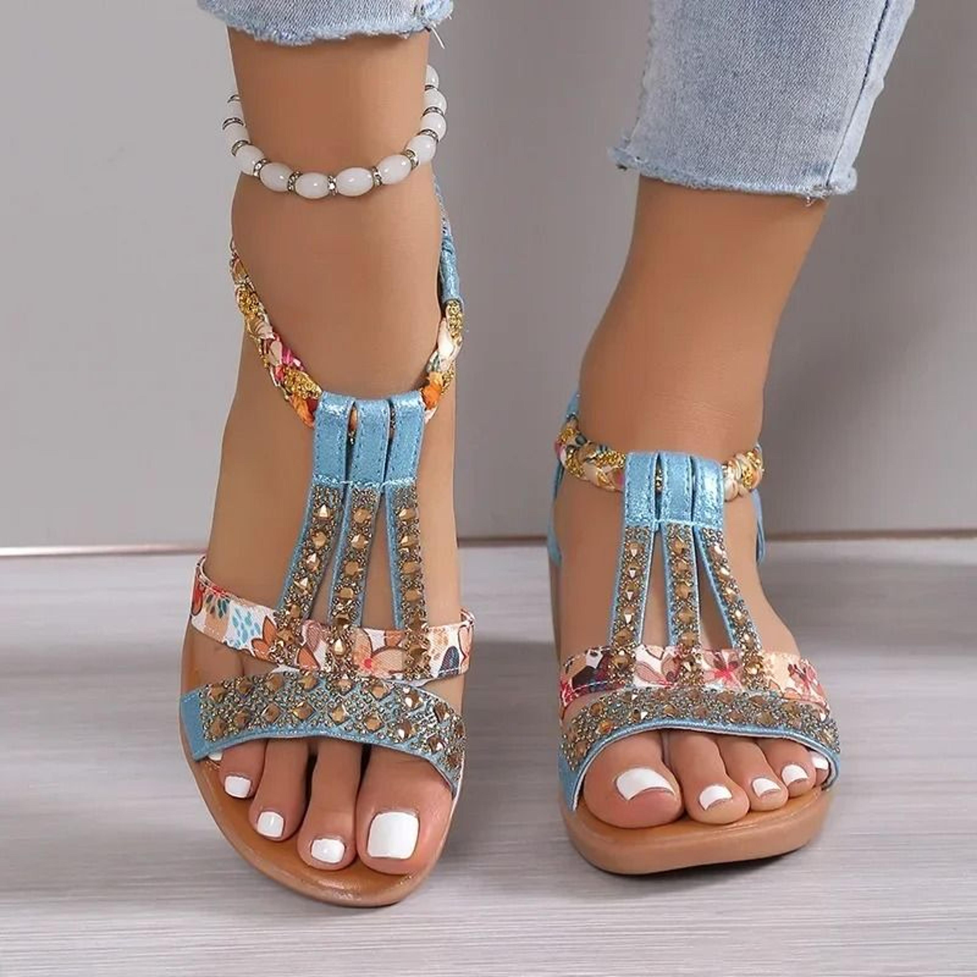 womens summer wedge sandals with rhinestone detail platform peep toe design for beach and casual wear