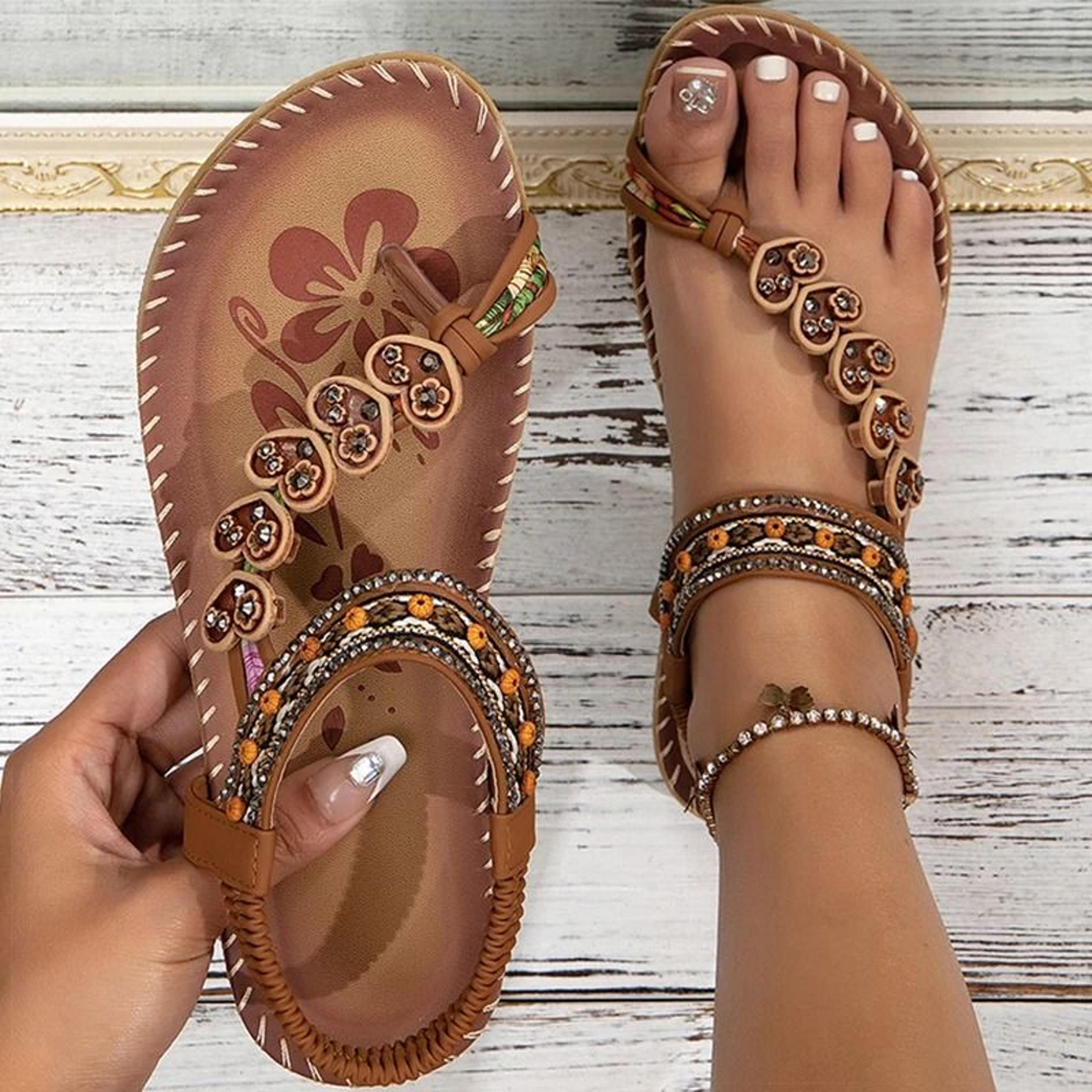 women boho sandals with low heels for summer beach and casual wear