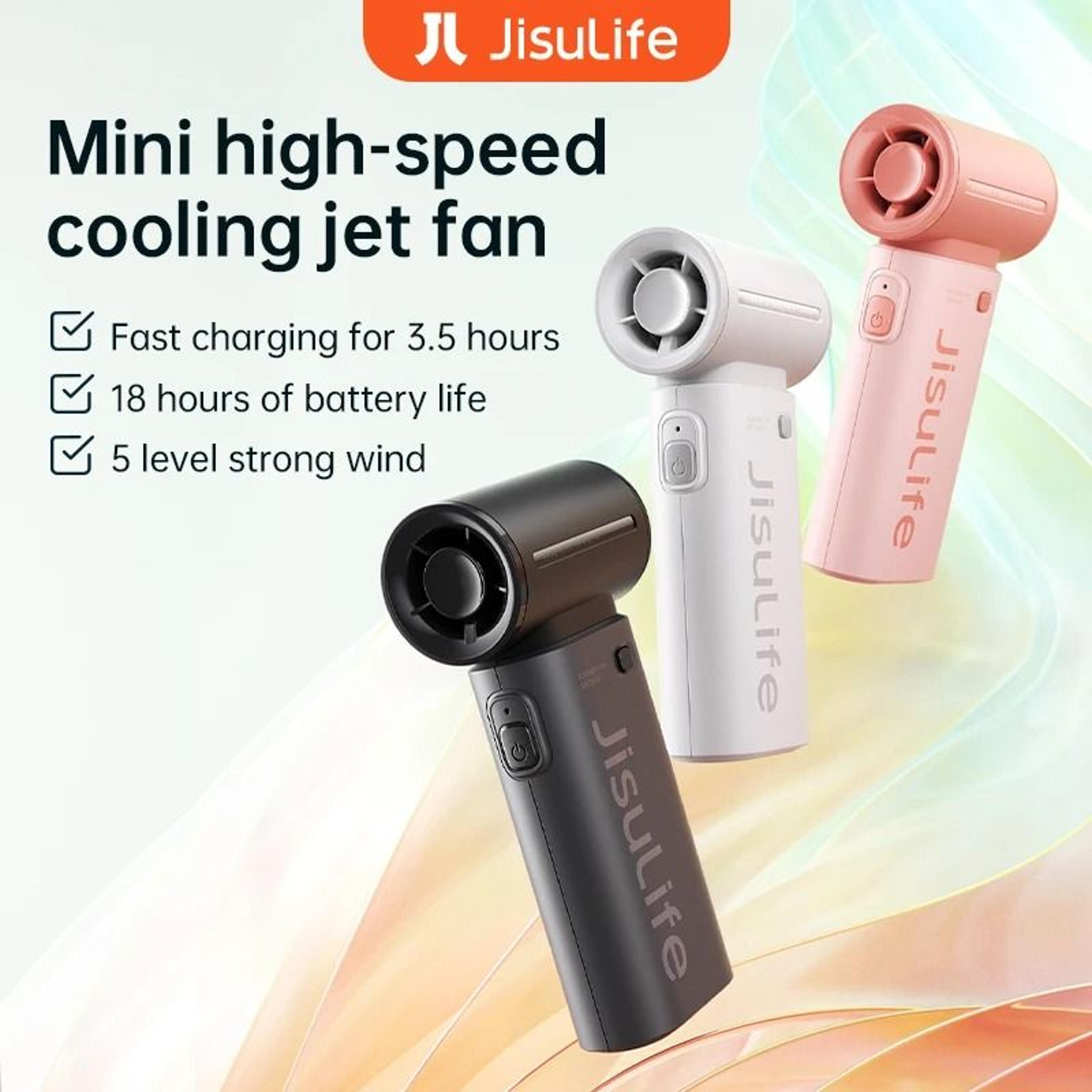 jisulife handheld turbo fan with 5 speeds and usb rechargeable power