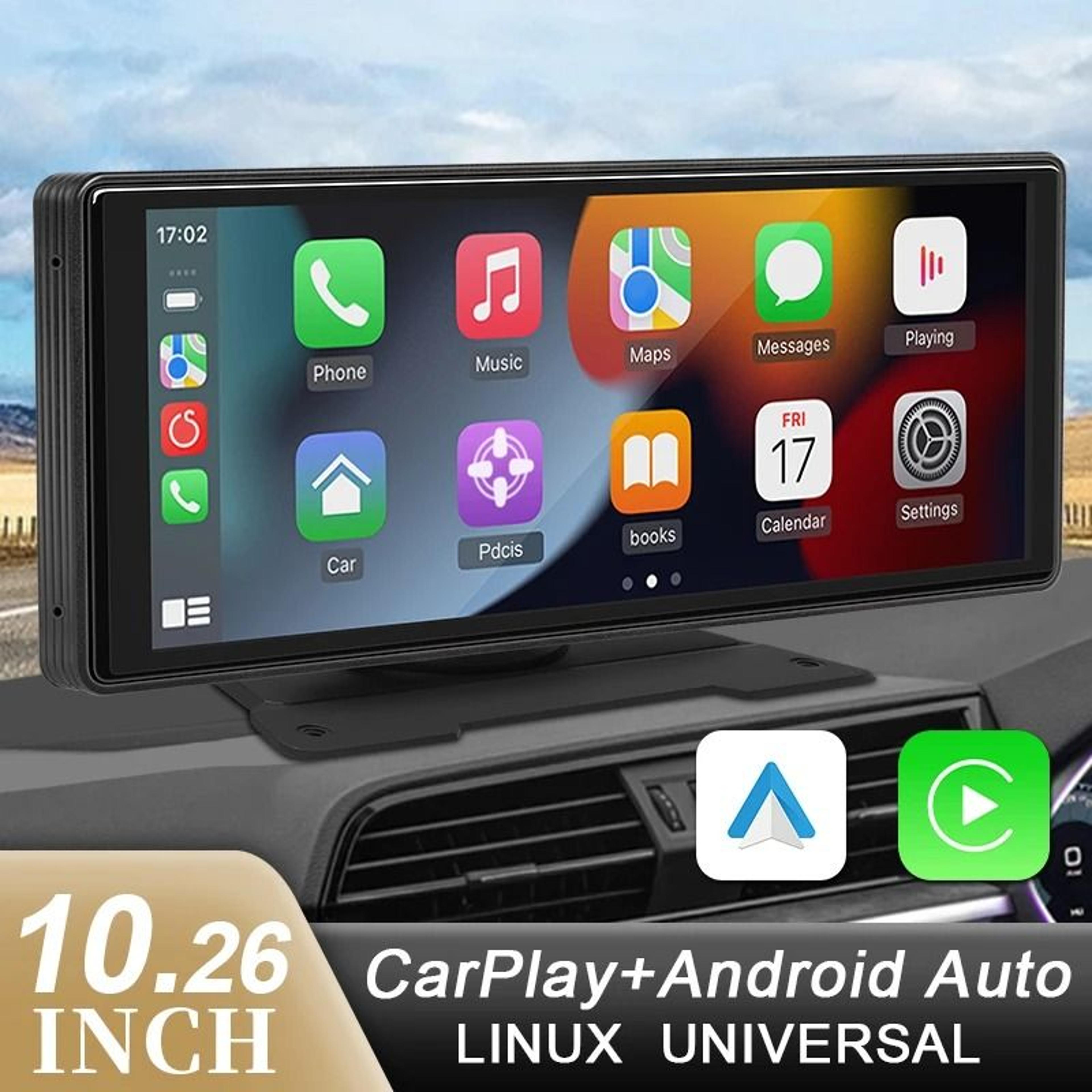 10.26 inch wireless carplay android auto mirror screen with bluetooth usb aux