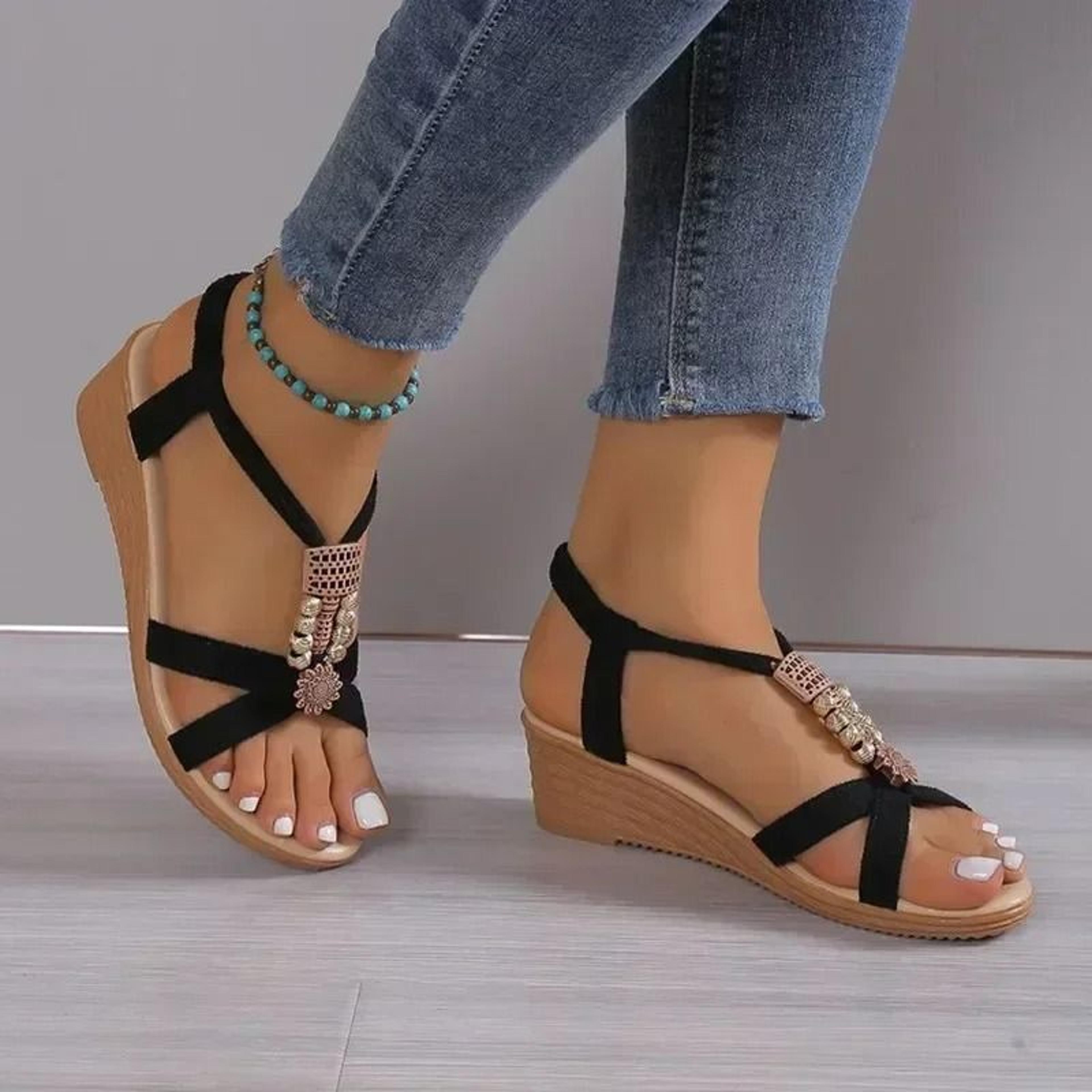 round toe wedge heel sandals with metal accent for casual comfort