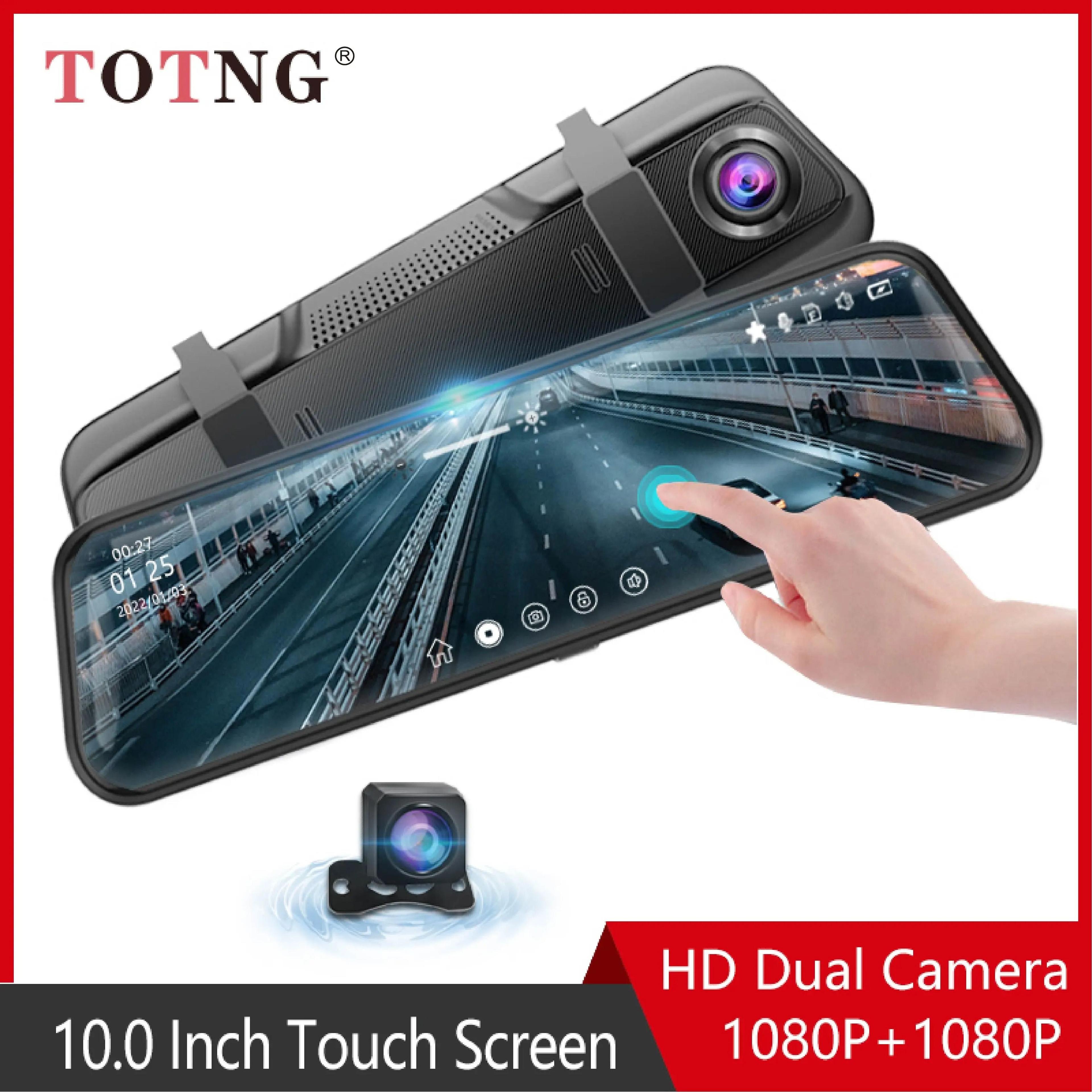 10 inch touchscreen mirror dash cam with front and rear cameras