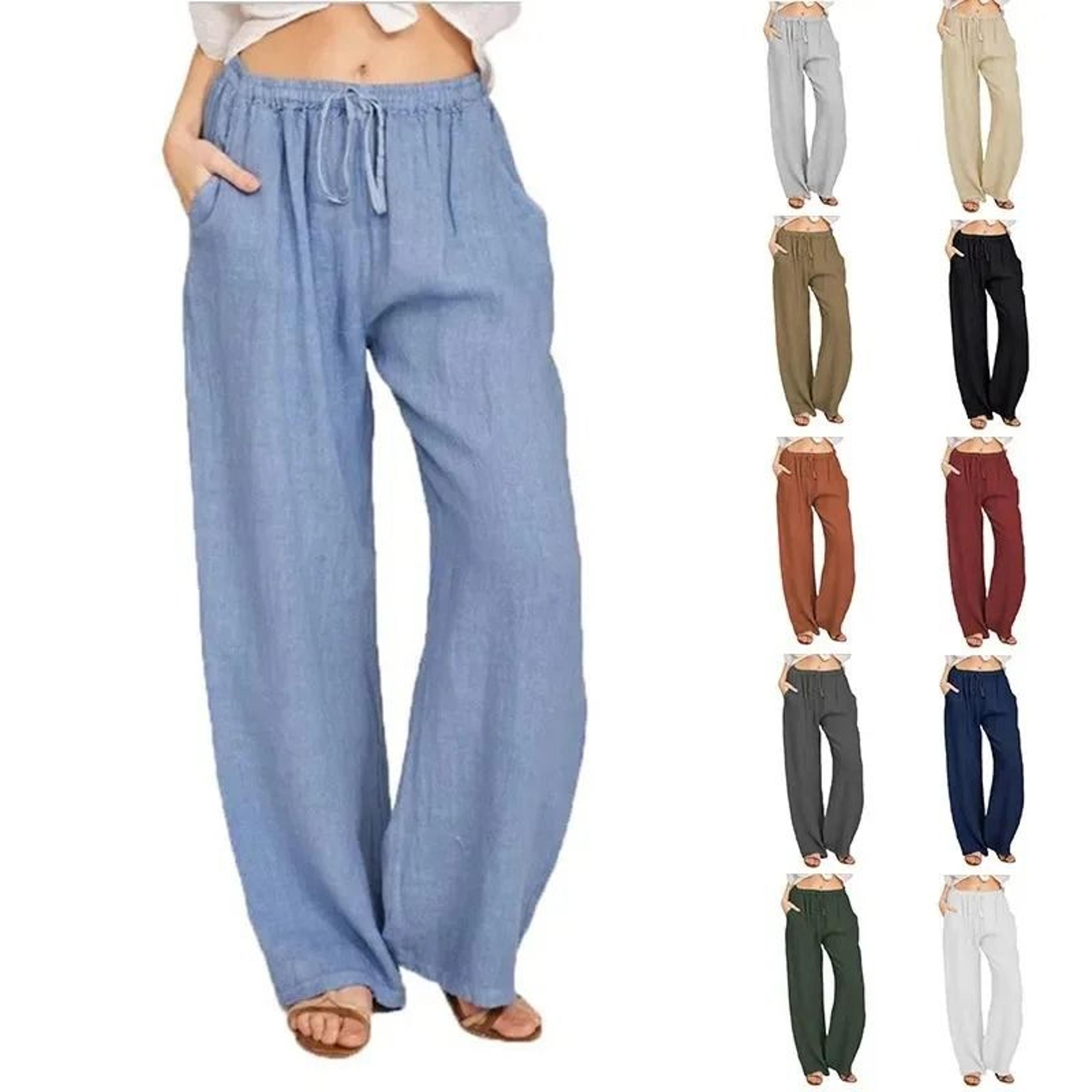 womens cotton linen straight leg pants with elastic waist and pockets