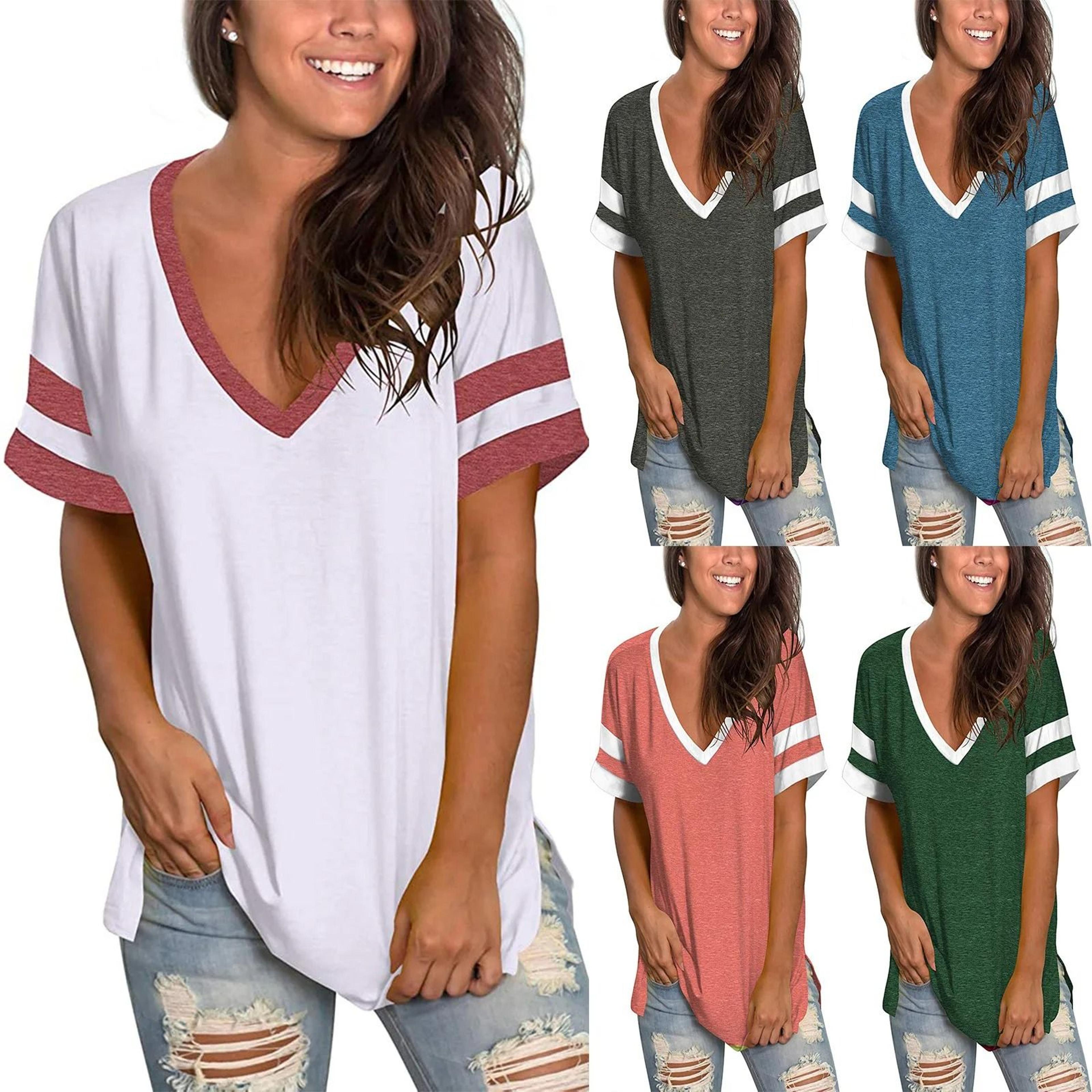 womens v neck color block loose fit short sleeve tee