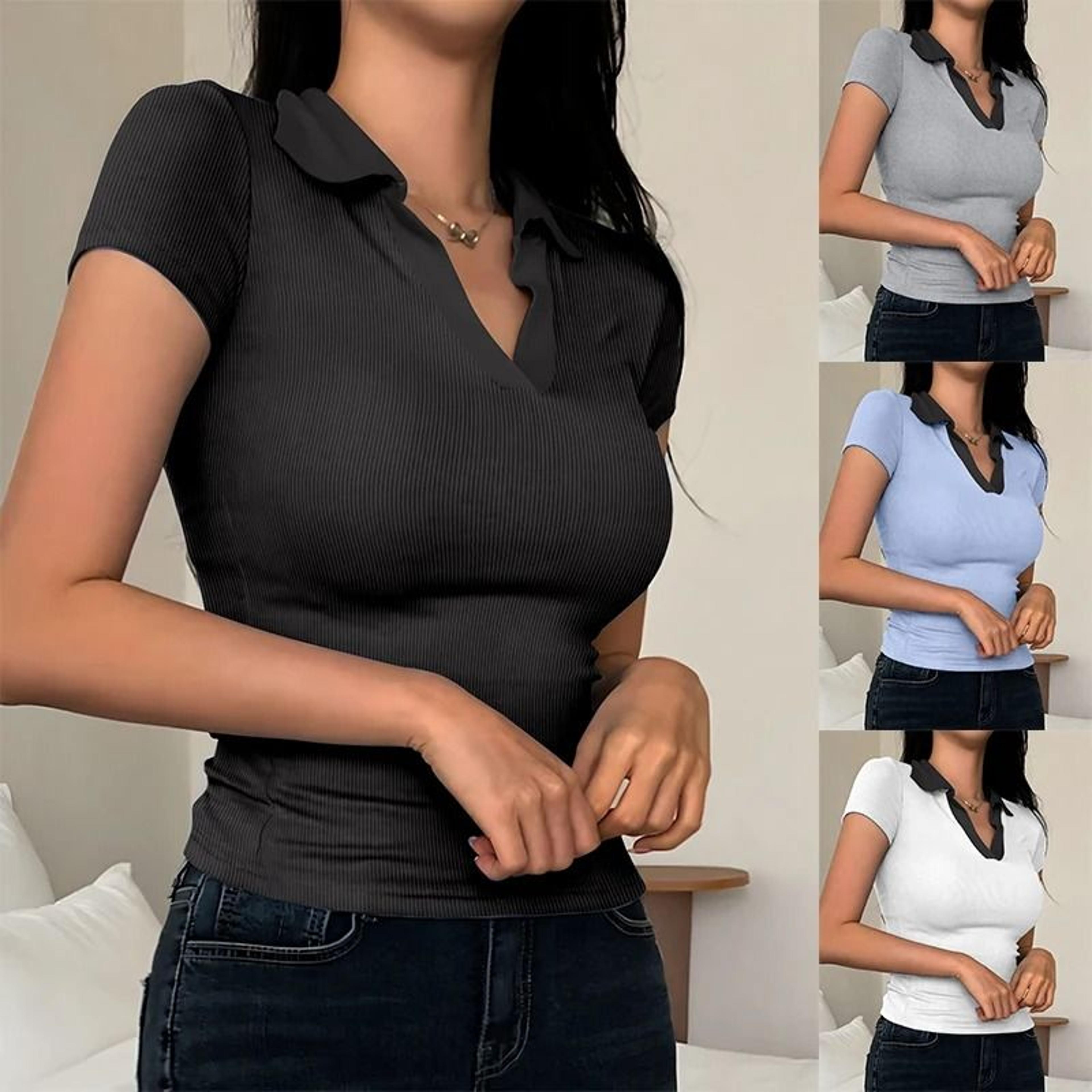 womens summer color block v neck polo shirt