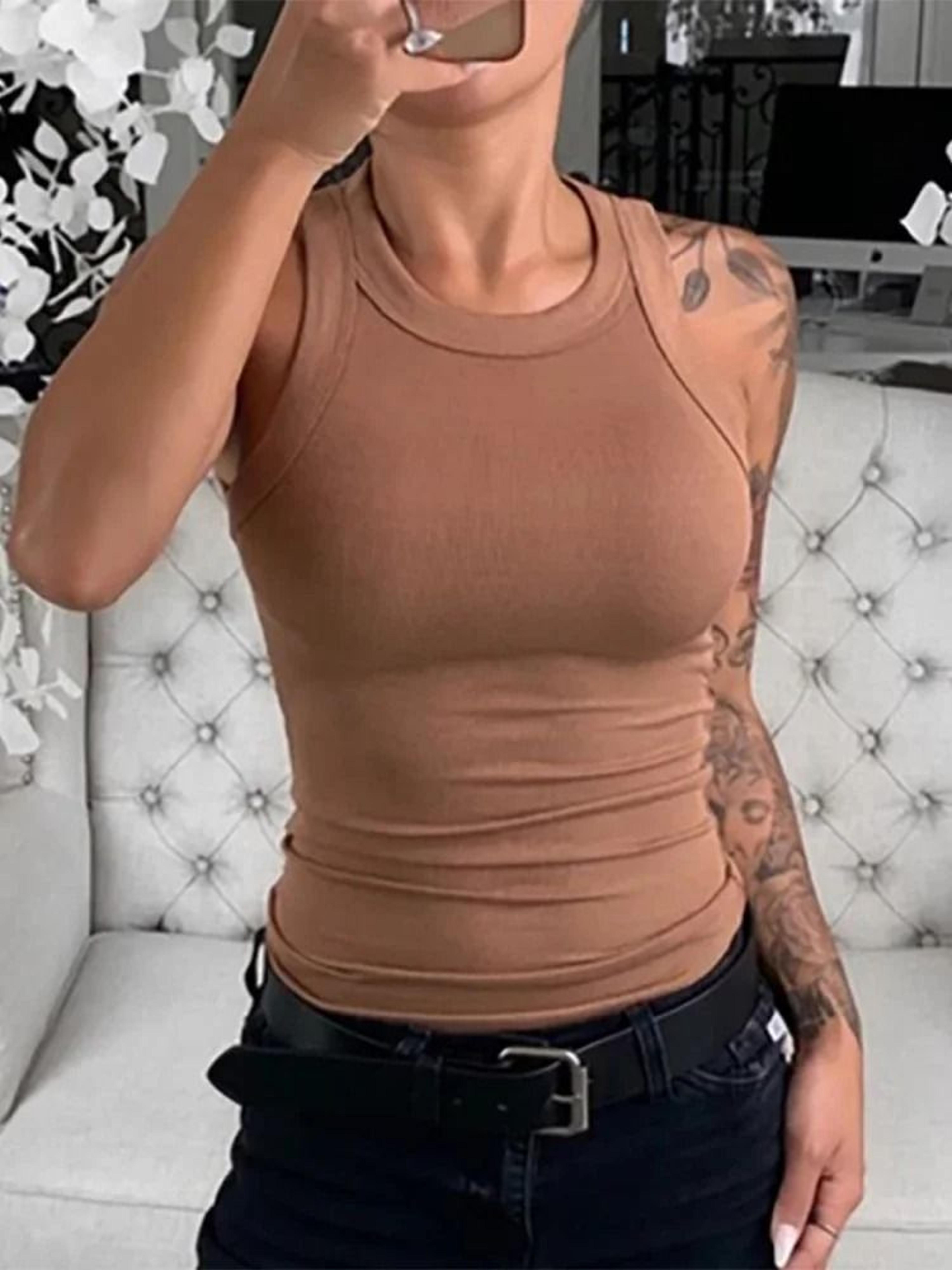 women ribbed round neck tank top